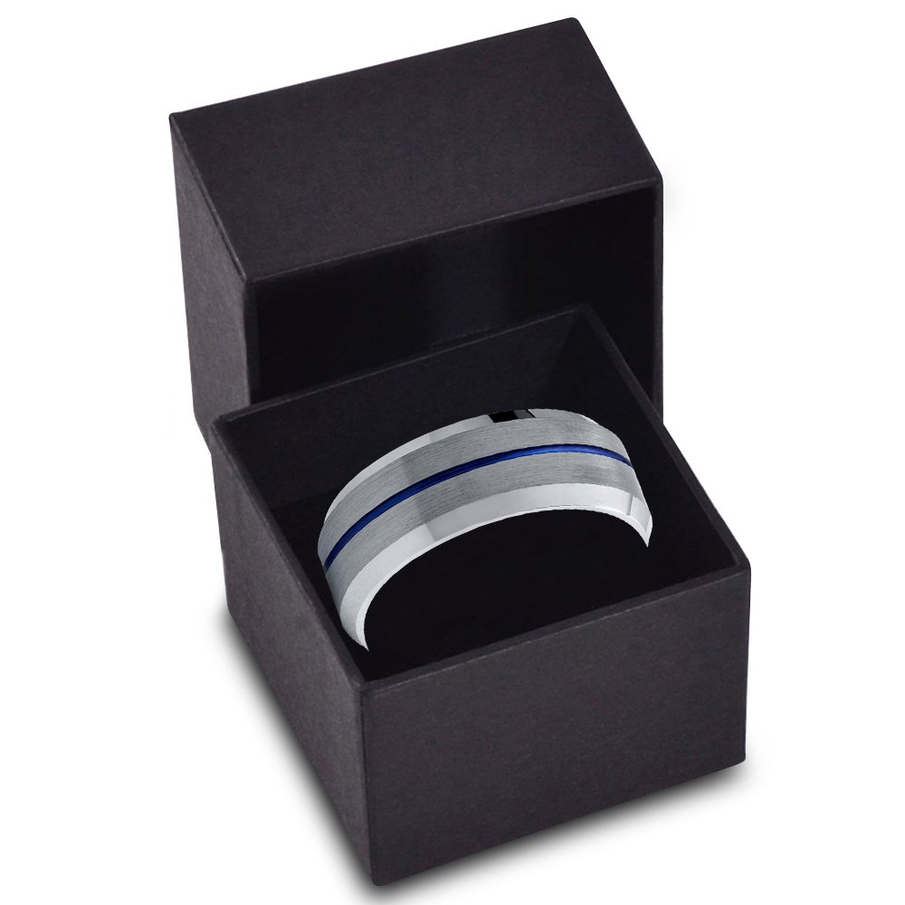 8mm Tungsten Carbide Wedding Band Ring for Men & Women - Blue Black Center Line, Beveled Edge, Brushed & Polished Finish - Custom Engraved for Anniversary & Engagement - Perfect for Everyday Wear, Gift Giving & Special Occasions
