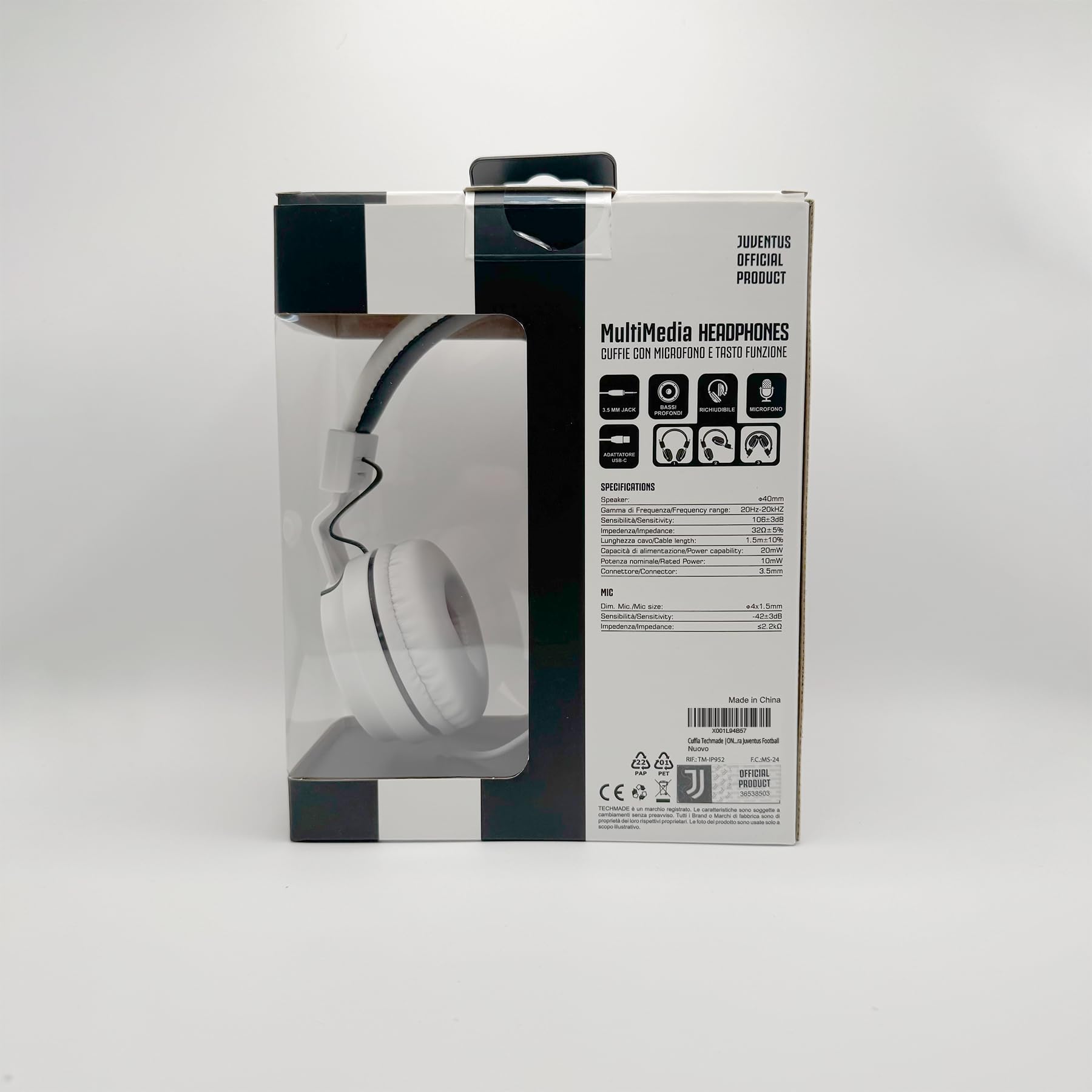 Official Juventus FC Gaming Headset with Built-in Microphone - On-Ear Headphones with 3.5mm AUX Cable & USB-C Adapter - White/Black - Perfect for Gaming, Streaming & Online Classes