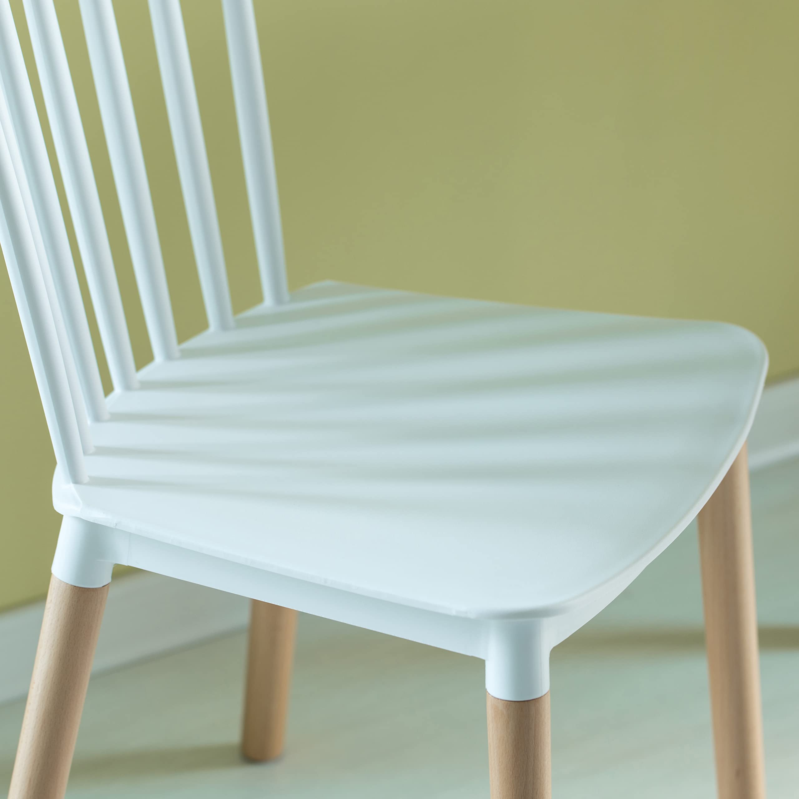 Fabulaxe Modern White Plastic Dining Chairs Set of 2 - Windsor Style with Beech Wood Legs for Kitchen, Dining Room, and Outdoor Patio Use