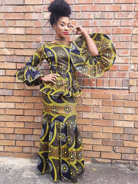 African Print Flare Sleeve Top & Skirt Set DP3210TS | Women's Fashion Outfit for Parties, Weddings & Cultural Events