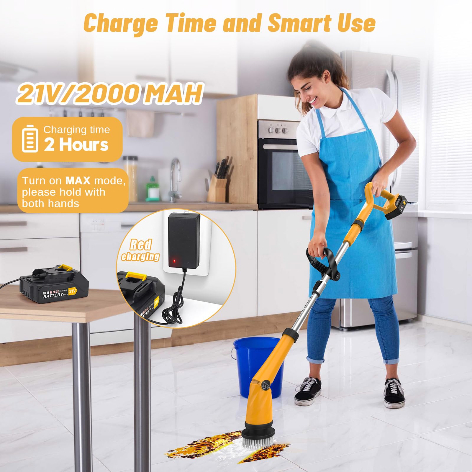 Qimedo Q2 Pro 1500 RPM Cordless Electric Spin Scrubber with 8 Brushes & LCD Display - Powerful Battery Powered Shower, Tile, Grout & Tub Cleaner - Effortless Cleaning for Bathroom, Kitchen & Floor Surfaces (Includes 2 Rechargeable Batteries)