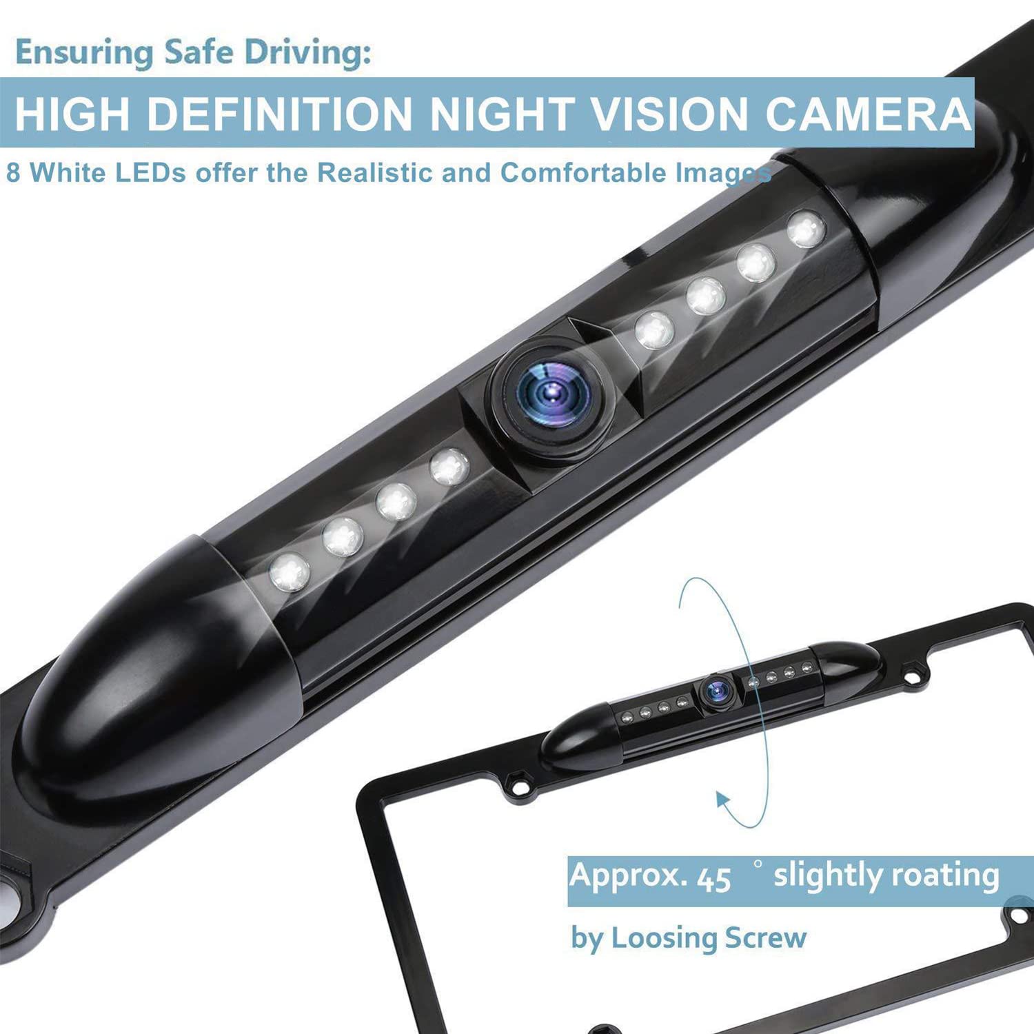 Universal Waterproof License Plate Frame Backup Camera with 8 LED Lights - 170° Wide Angle Rear View Camera for Cars, SUVs & Trucks | Night Vision & All-Weather Parking Aid for Safe Reversing