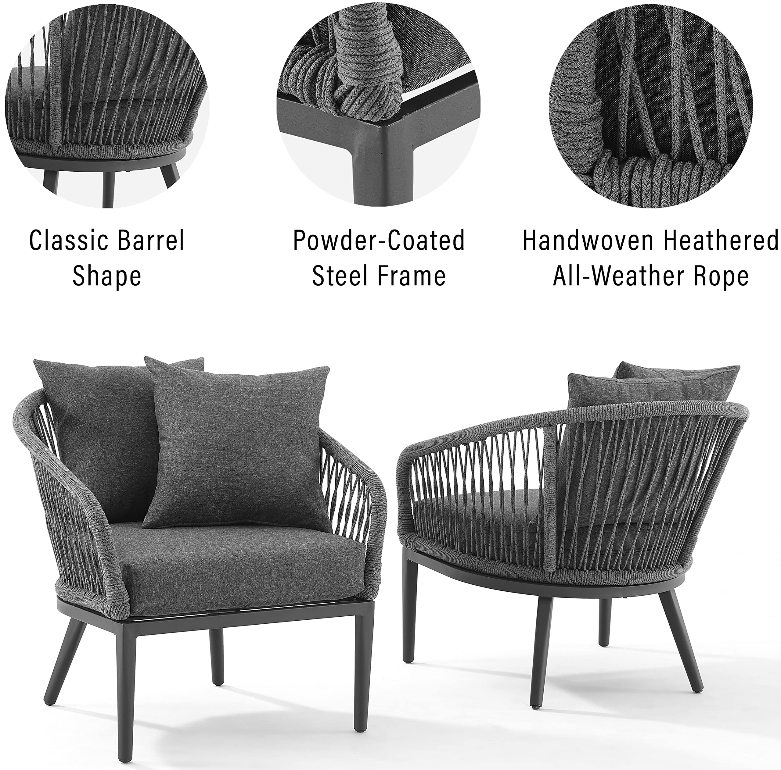 Crosley Dover 2-Piece Indoor Outdoor Chair Set - Matte Black Patio Chairs with Charcoal Cushions for Conversation, Porch, Deck, Garden & Backyard Relaxation