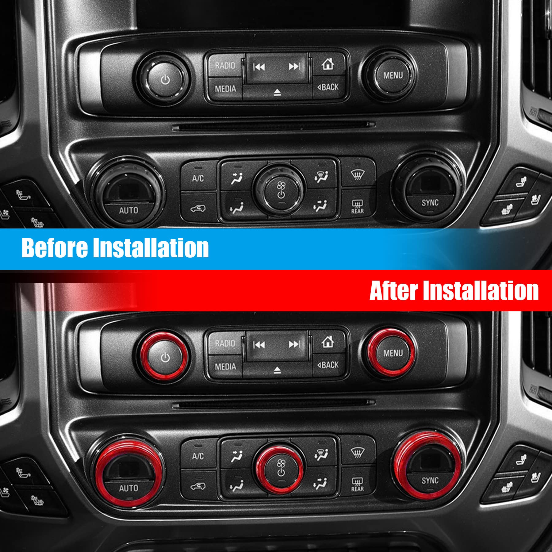Premium Aluminum Alloy AC Knobs & Center Console Switch Button Covers for Chevy Silverado & GMC Sierra 2014-2018 - 8PCS Red (Upgrade Interior, Easy Installation) - Perfect for Off-Roading, Daily Commuting & Custom Car Modifications
