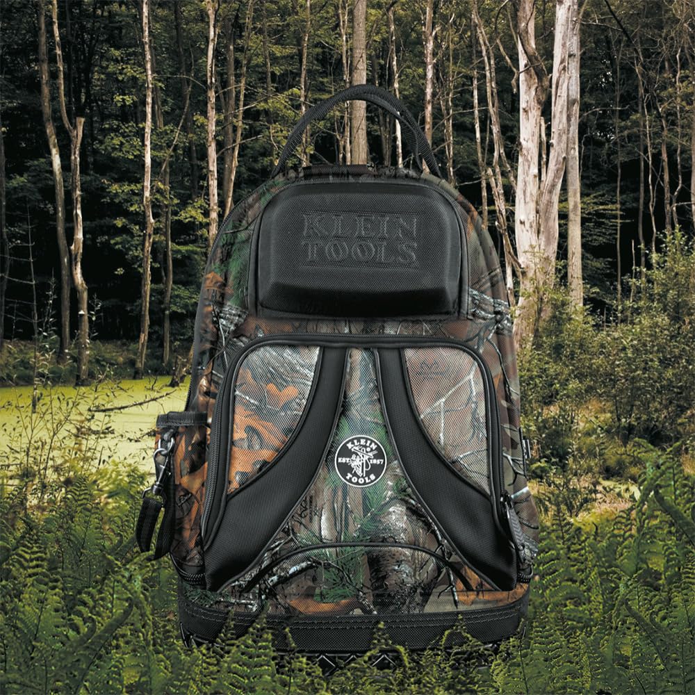 Klein Tools 55421BP14CAMO Heavy Duty Tradesman Pro Tool Backpack with 39 Pockets & Molded Base - Camouflage Design Tool Organizer for Electricians, Contractors & DIY Projects - Perfect for Construction Sites, Home Repairs & Professional Work