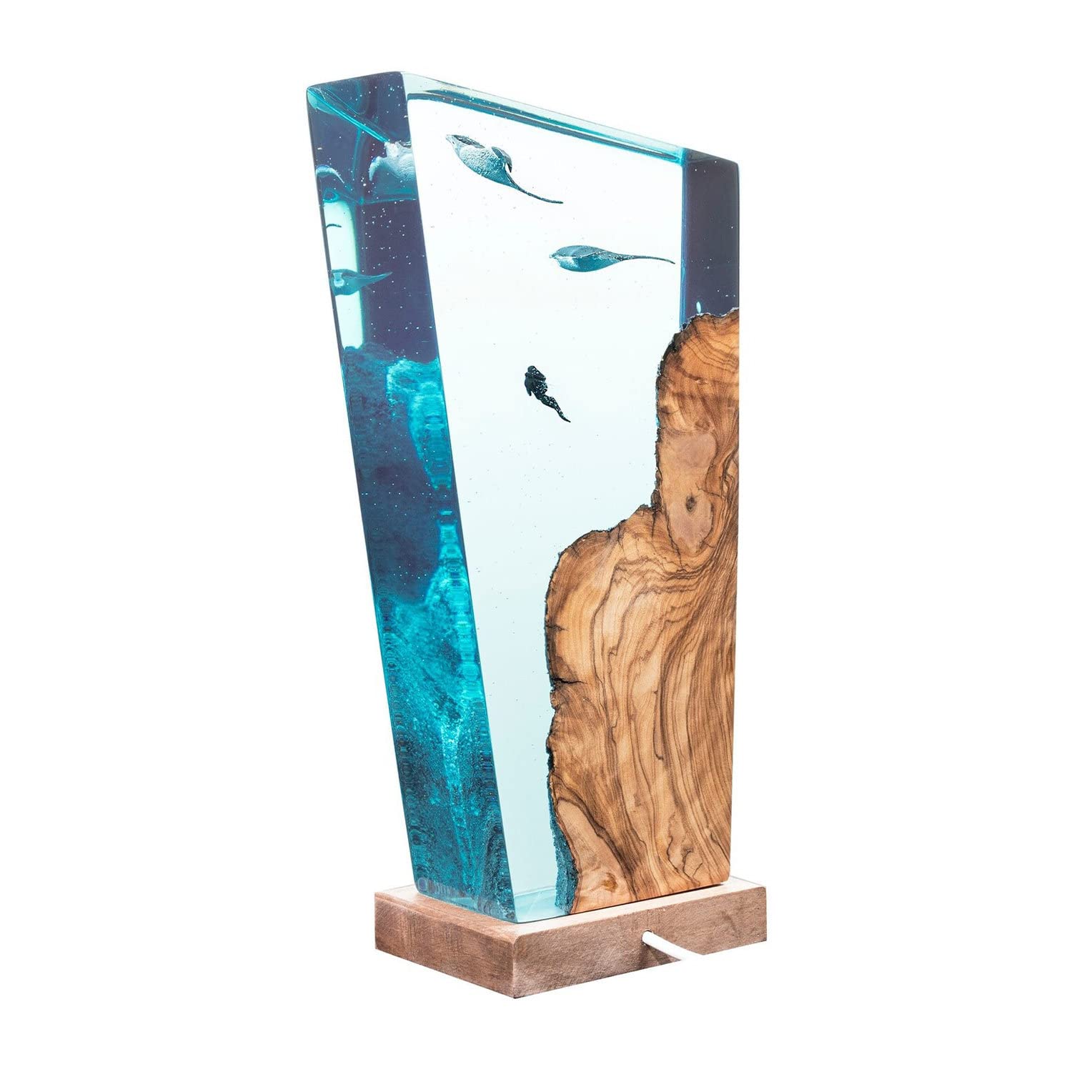 Handcrafted Manta Ray Resin Wood Night Light - 3x8 Inch Ocean Theme Diorama with Diver & Stingray Design - Perfect Scuba Gift, Bedroom Decor, or Zen Meditation Lamp