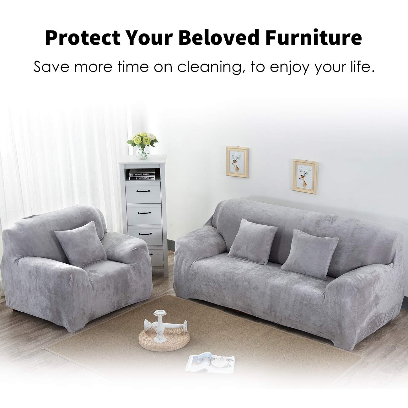 Elastic Sofa Covers for 3 Seater Couches - Stretchable Velvet Sofa Slipcovers in Grey - Perfect for Living Room, Family Room & Home Decor Protection
