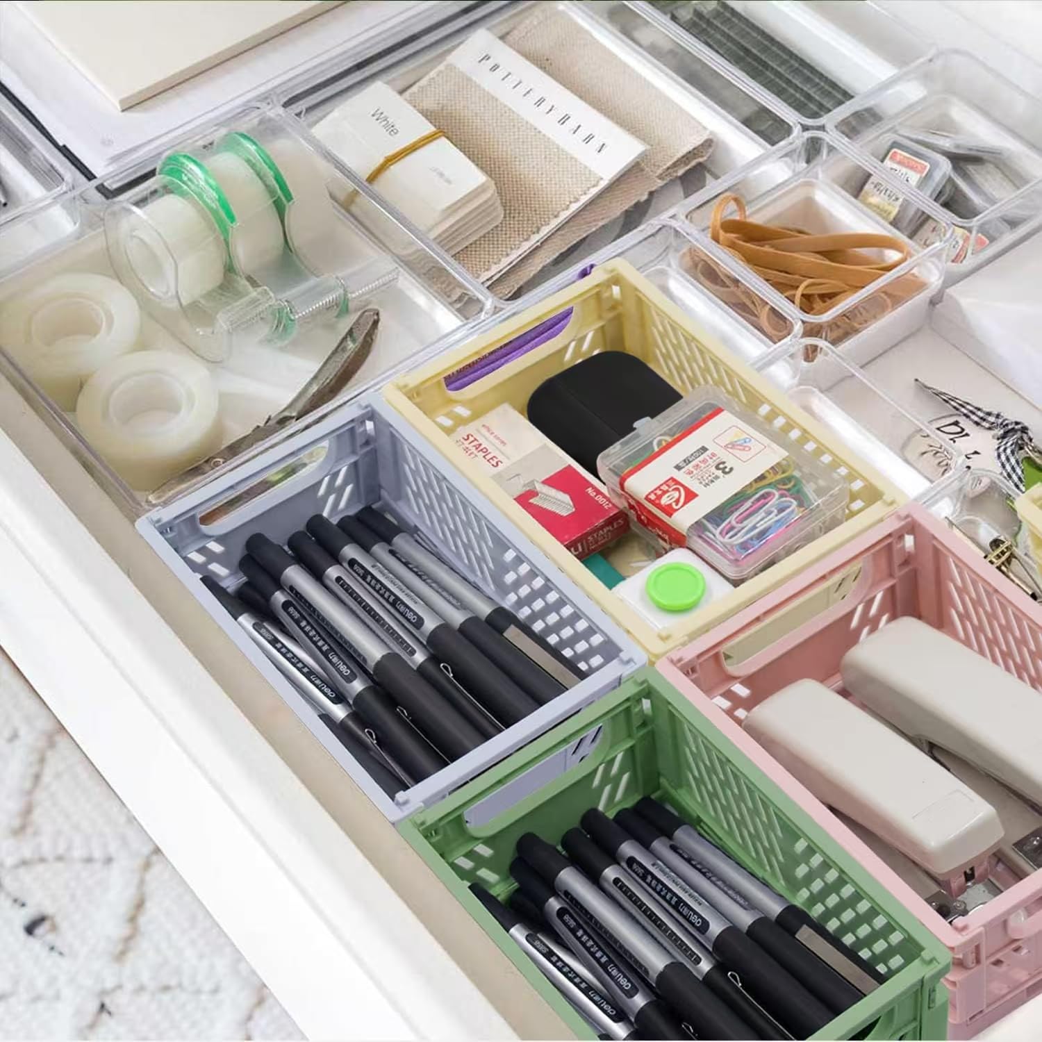 4 Pack Mini Foldable Plastic Storage Baskets - Collapsible Organizer Bins for Home, Office, Classroom & Drawer (5.9x3.9x2.2 Inches) - Perfect for Organizing Makeup, Toys, Office Supplies & Small Items