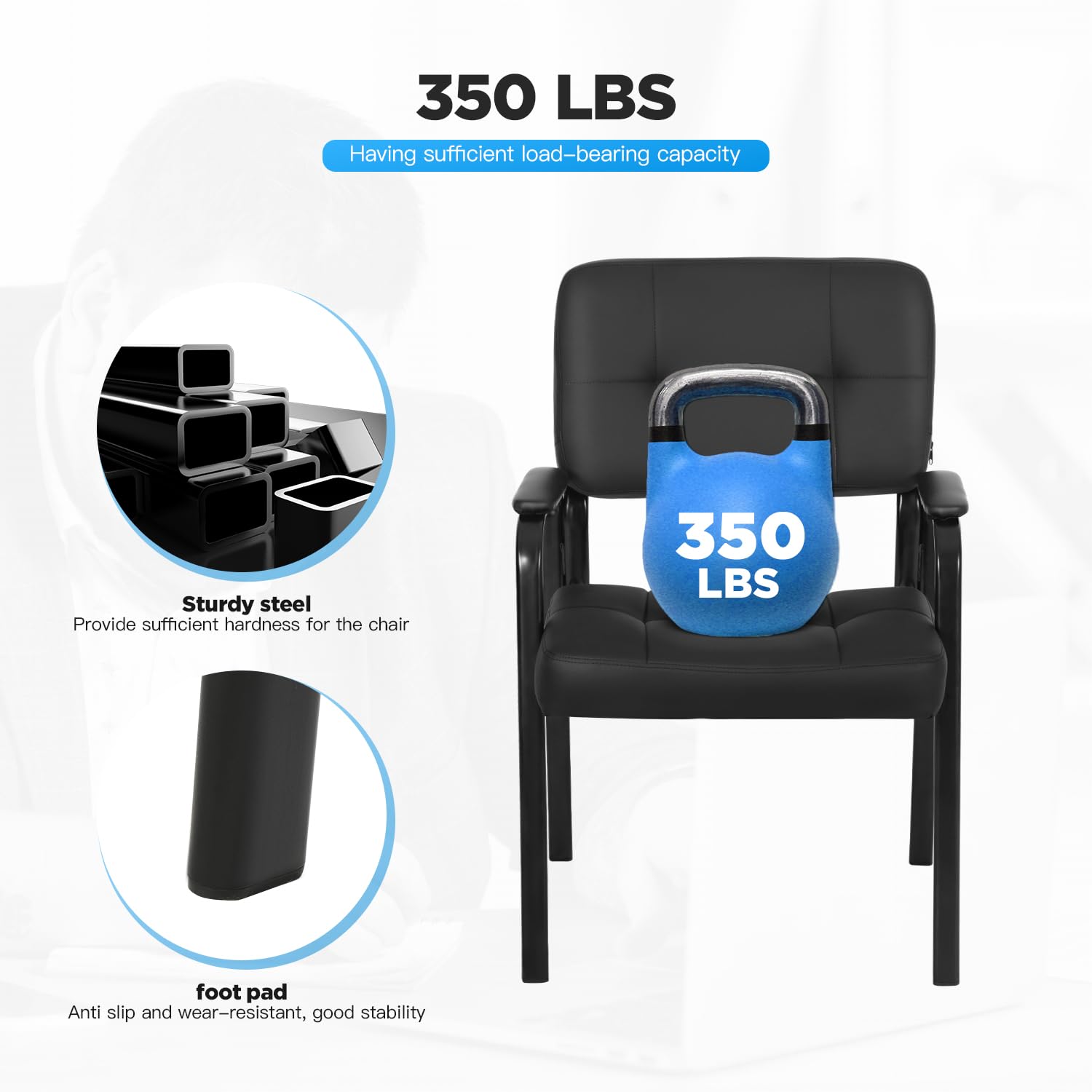 FDW Office Guest Chair - PU Leather Reception Waiting Room Chair with Padded Armrests, No Wheels, Black - Perfect for Home Office, Meeting Rooms, and Lobby Seating