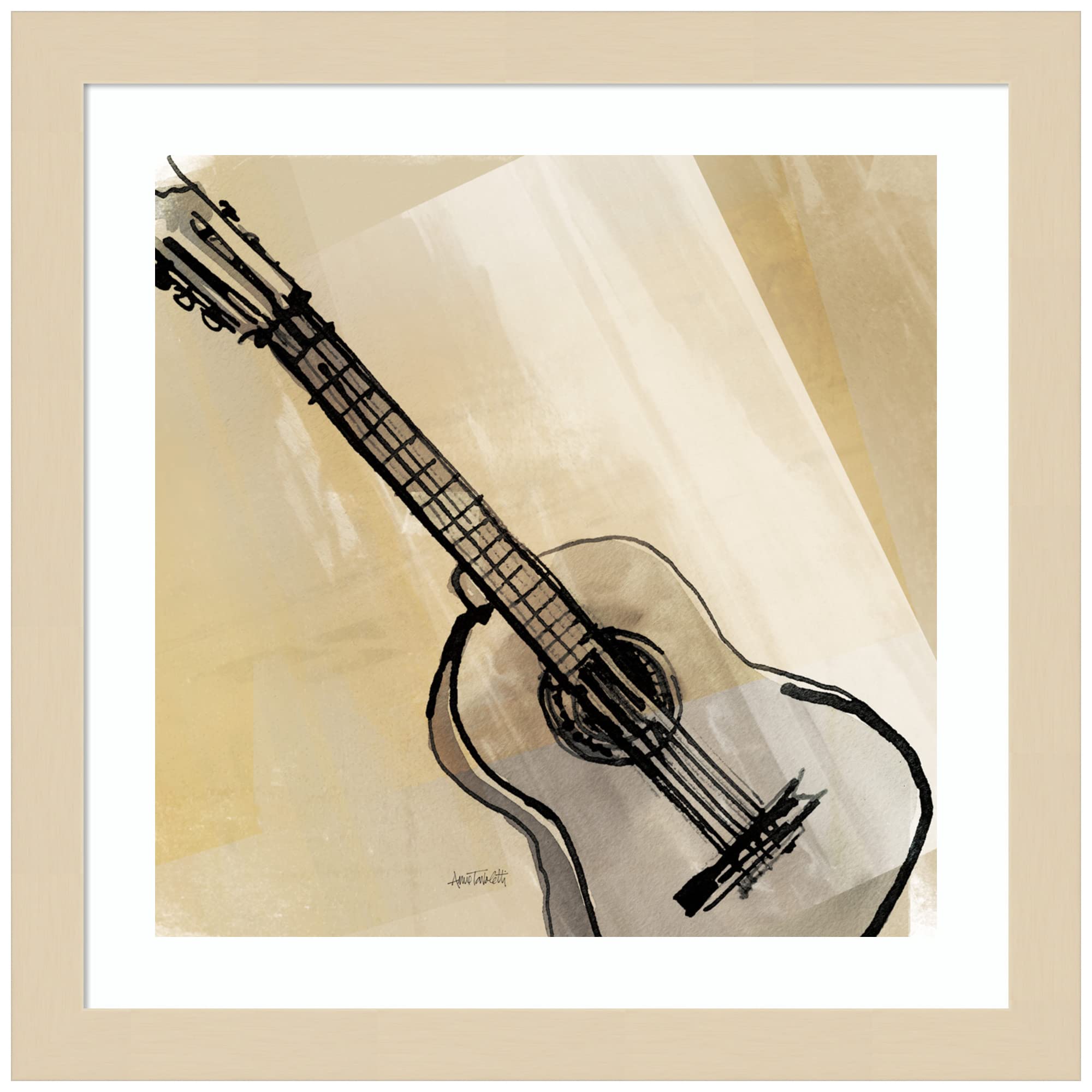 Anne Tavoletti Guitar Wall Art Print - 13x13 Inches Wood Framed Neutral Decor for Living Room, Bedroom & Office - Svelte Natural Frame - X-Small - Perfect for Music Lovers & Home Decor