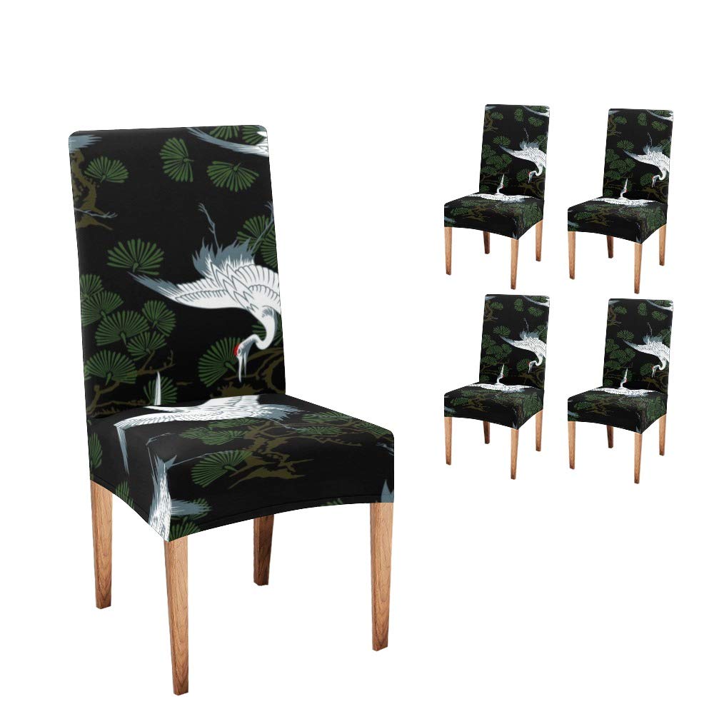 Anneunique 4-Piece Crane Pattern Black Dining Chair Covers - Soft, Comfortable & Slip-Resistant Seat Protectors for Home, Restaurant & Party Decor