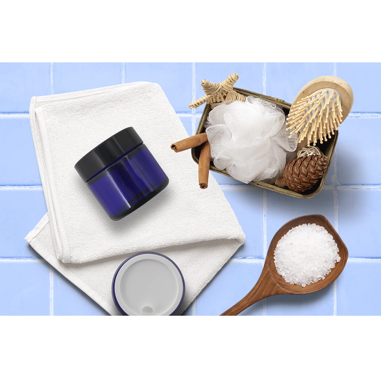 24 Pack 2 oz Round Blue Glass Cosmetic Jars with Inner Liners & Black Lids | Travel-Friendly Refillable Containers for Makeup, Cream, Lotion, Sugar Scrubs | Perfect for DIY Beauty, Skincare, Crafts & Jewelry Storage | Ideal for Home, Salon & Travel Use