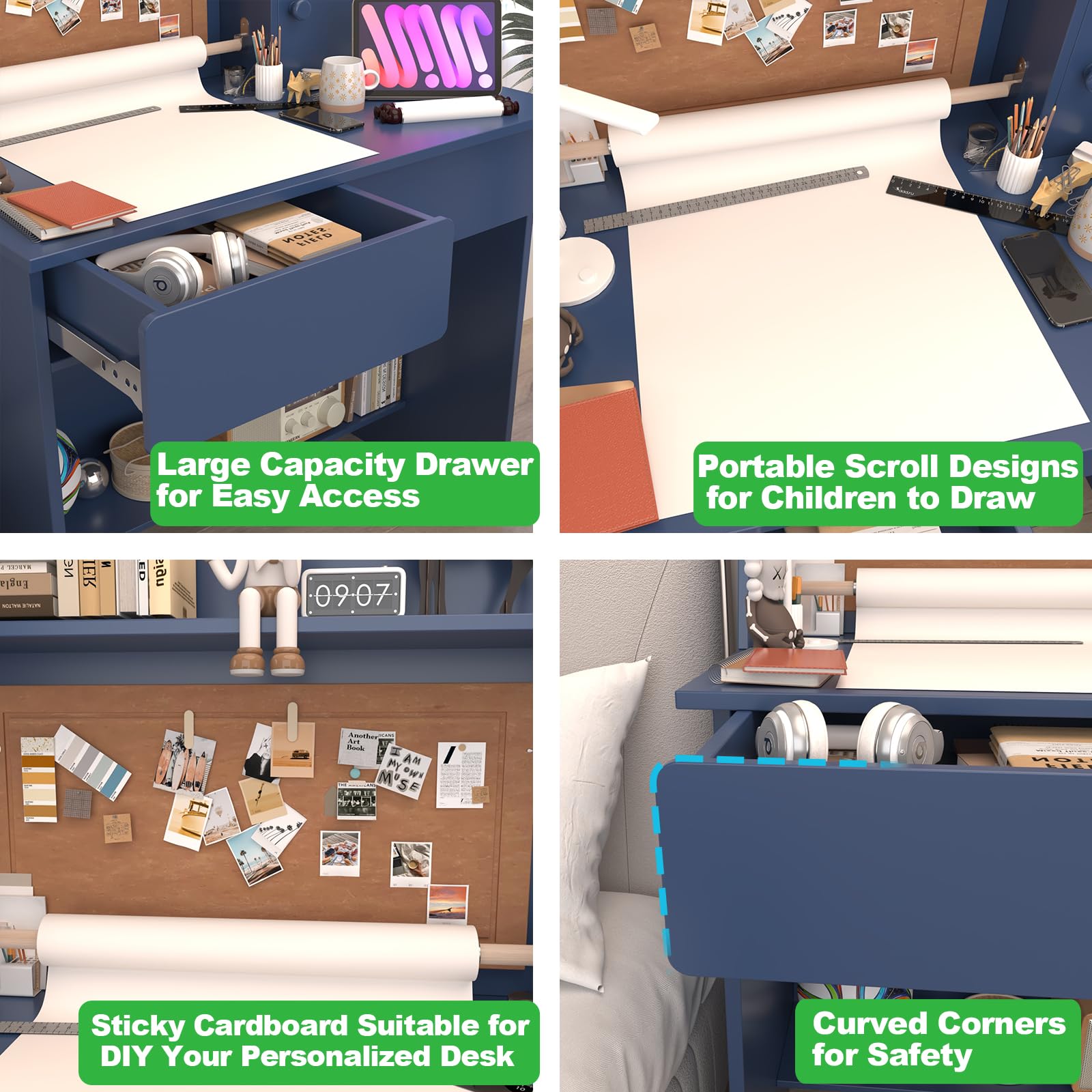 **Blue Kids Drawing Desk with Wooden Tabletop & Paper Roll Dispenser - Study Table with Drawers & Storage Shelf - Desk & Chair Set for Ages 5-12 - Perfect for Art, Homework & Creative Play**