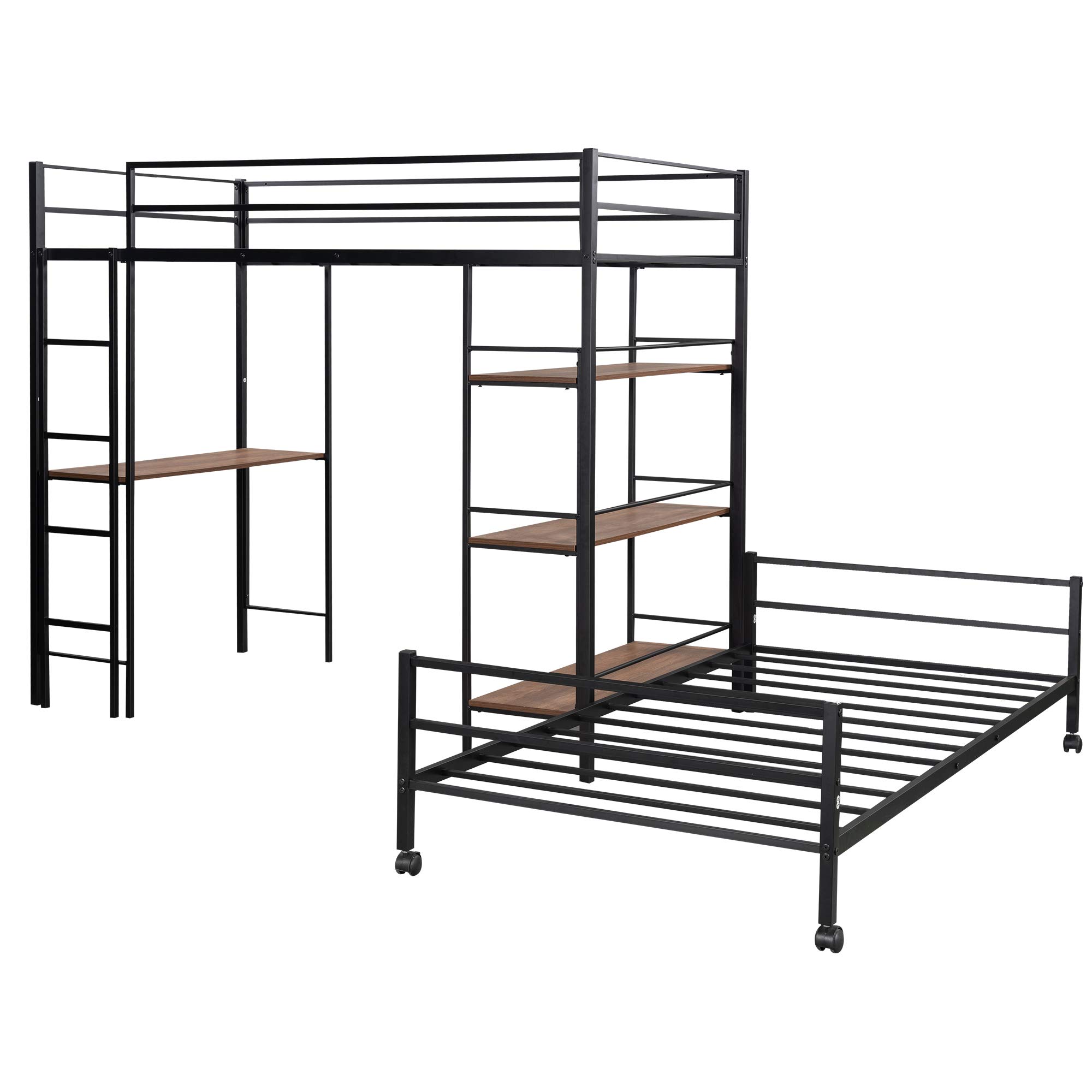 Steel Frame Twin Over Twin Bunk Bed with Shelves - Space-Saving Metal Loft Bed with Built-in Desk & 3-Tier Storage Shelf | Perfect for Kids' Rooms, Dormitories & Small Apartments
