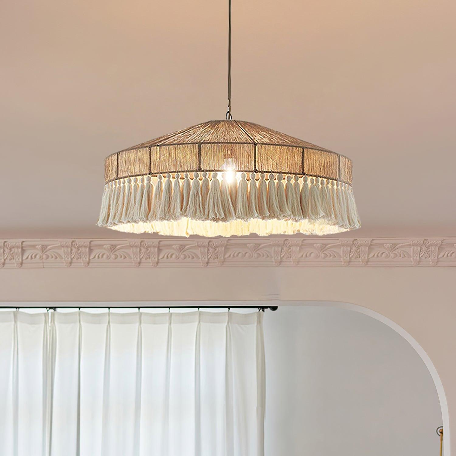 Bohemian Fringe Pendant Lamp - Handmade Macrame Hanging Light Fixture for Bedroom, Living Room & Boho Home Decor - Perfect for Cozy Reading Nooks and Dining Areas