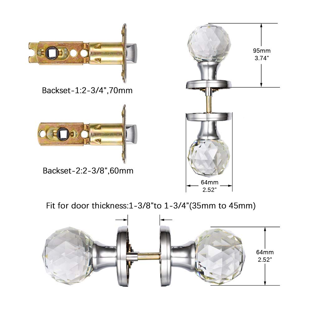 Polished Chrome Crystal Glass Round Door Knobs for Interior Doors - Hallway, Closet & Passageway Hardware - Perfect for Bedrooms, Bathrooms & Home Renovation Projects