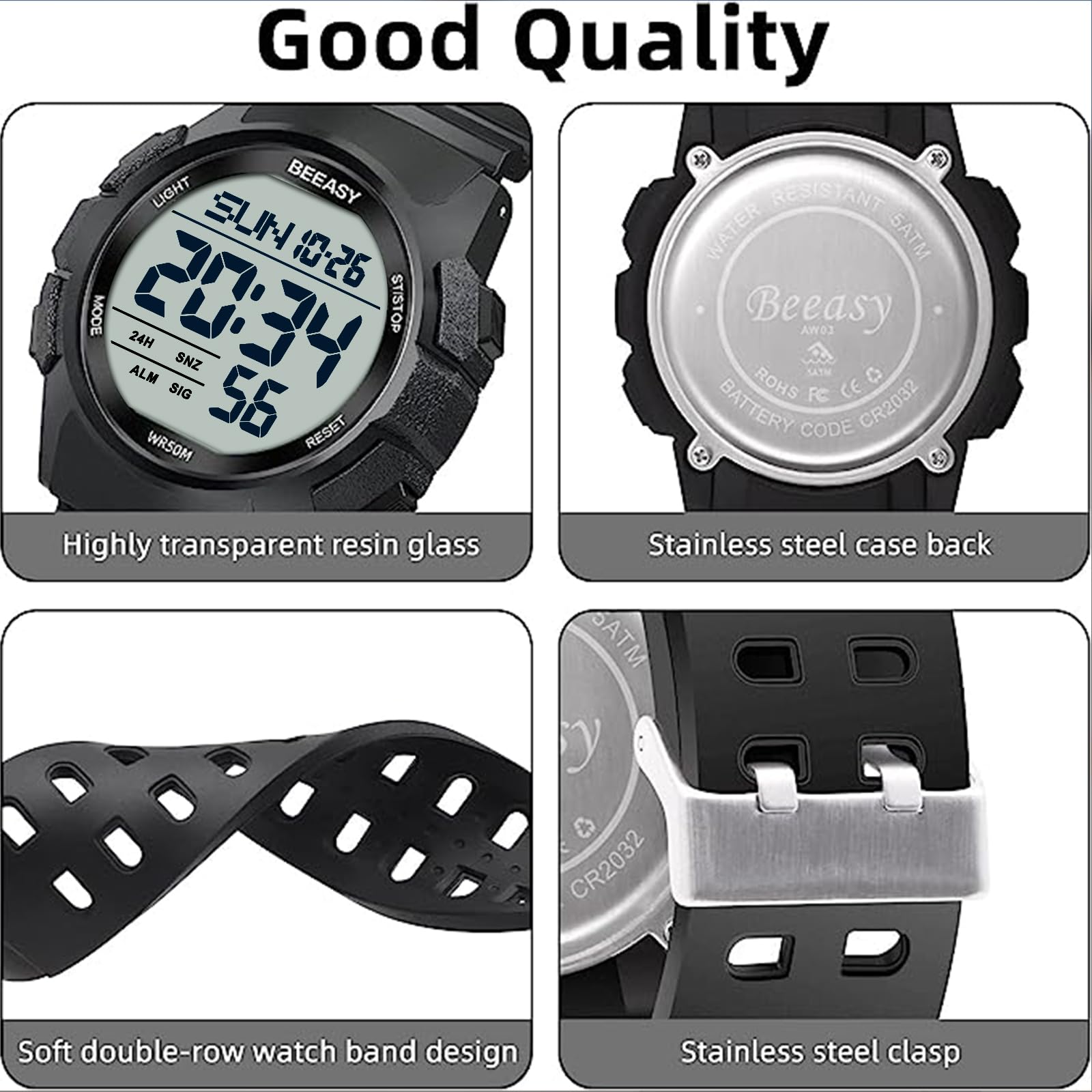 Beeasy Men's Digital Sports Watch - Waterproof, Stopwatch, Countdown Timer, Alarm, Dual Time - Durable Rubber Strap Wristwatch for Men & Students - Perfect for Running, Gym Workouts & Outdoor Activities