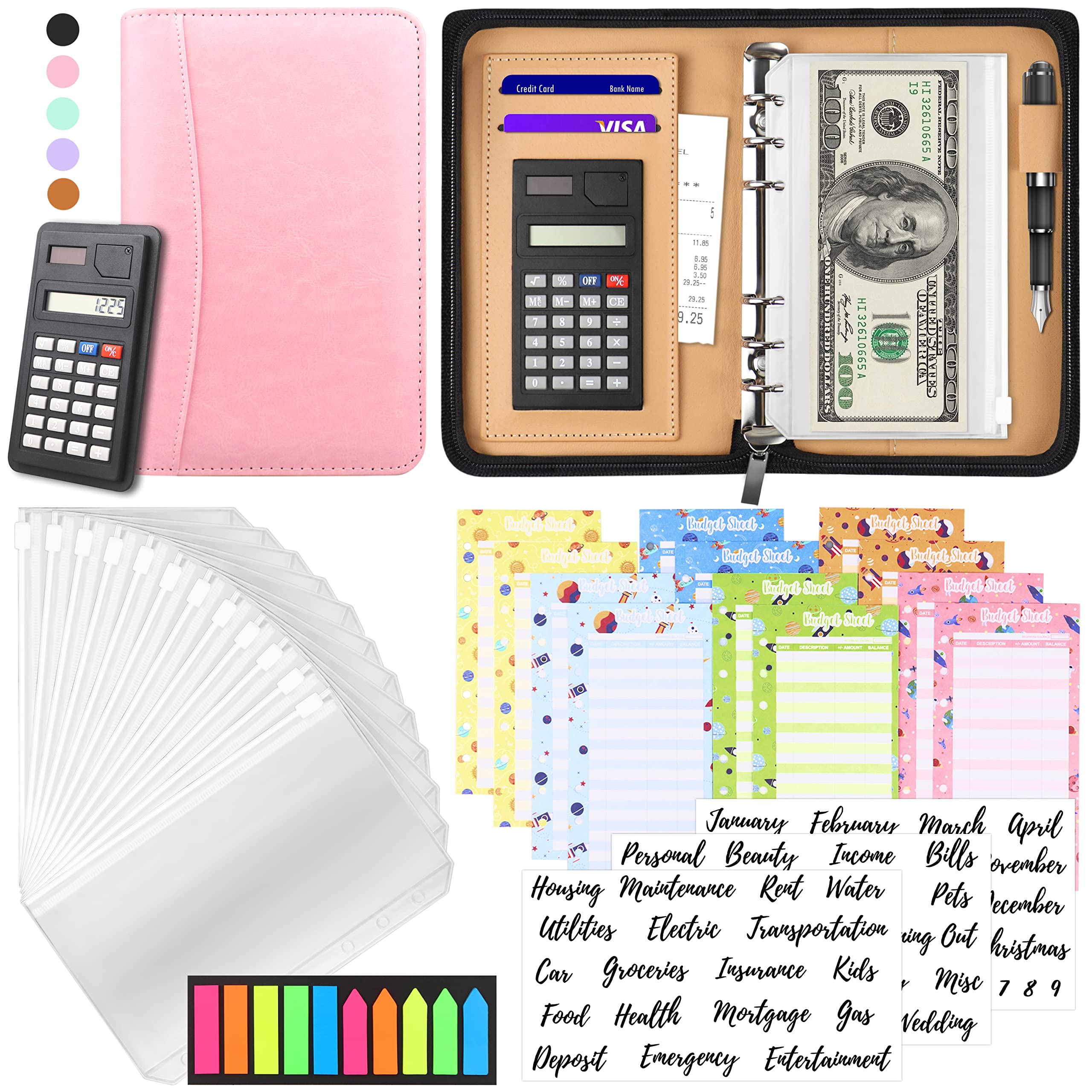 2025 A6 PU Leather Budget Binder with Zipper Envelopes - Cash Envelopes System for Budgeting, Money Organizer & Bill Calculator - Perfect for Cash Saving, Personal Finance Tracking, and Dave Ramsey Budgeting Method (Home Office & Travel Use)