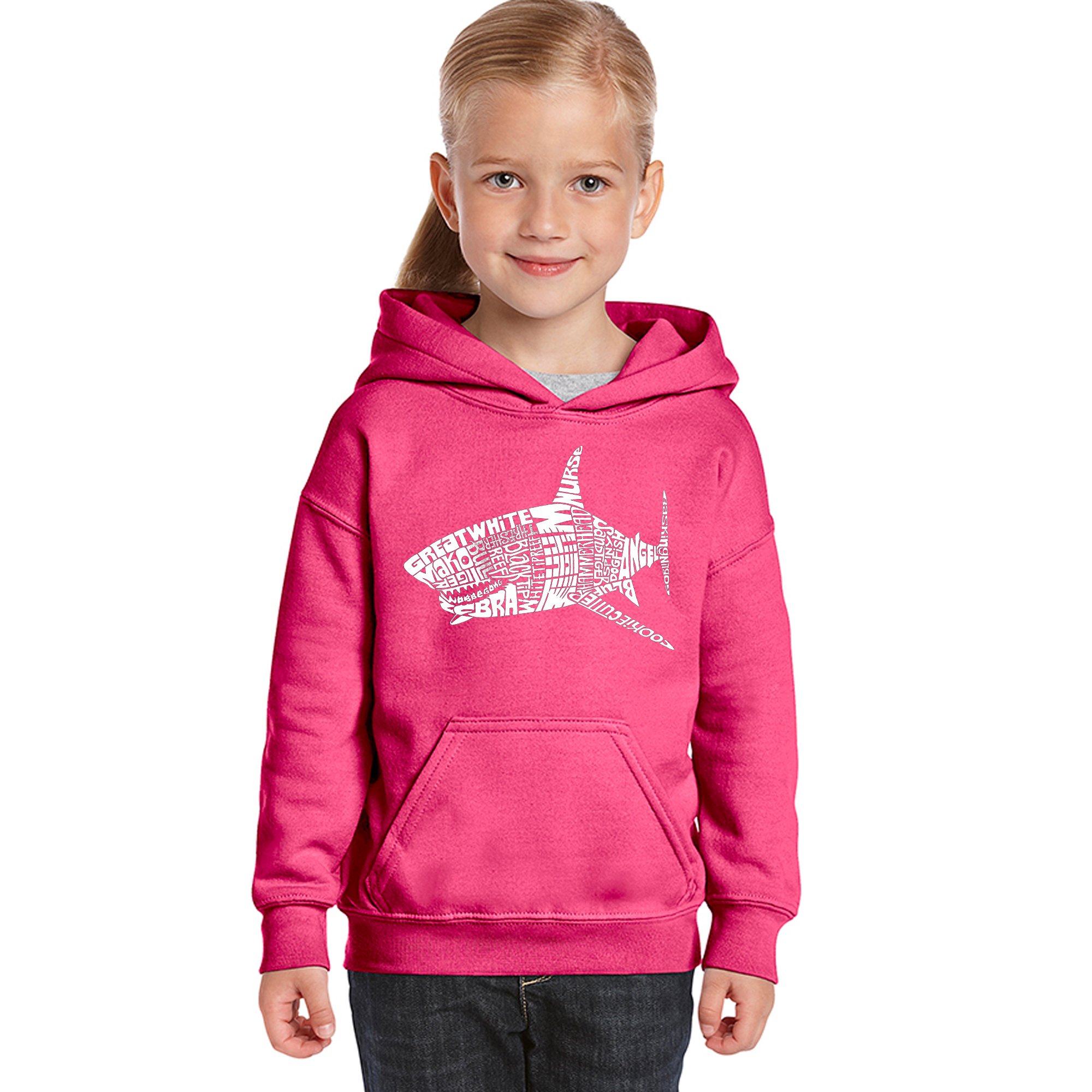 LA POP ART Girls' Word Art Hooded Sweatshirt - Shark Species Design | Trendy Graphic Pullover for Teens & Women | Perfect for School, Streetwear & Casual Outings