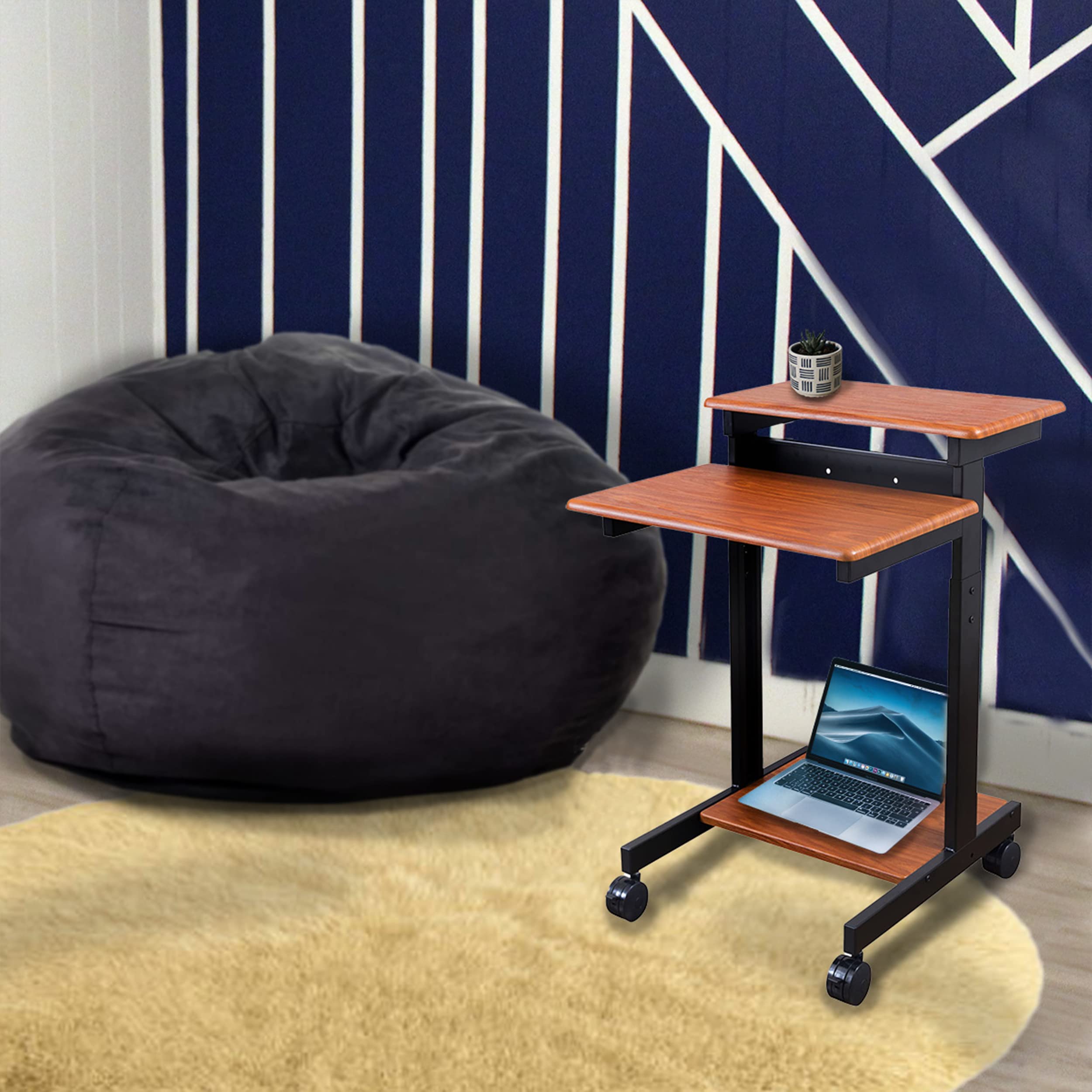 Adjustable Height Rolling Standing Desk with Two-Tier Workstation - Black Frame & Teak Top (24