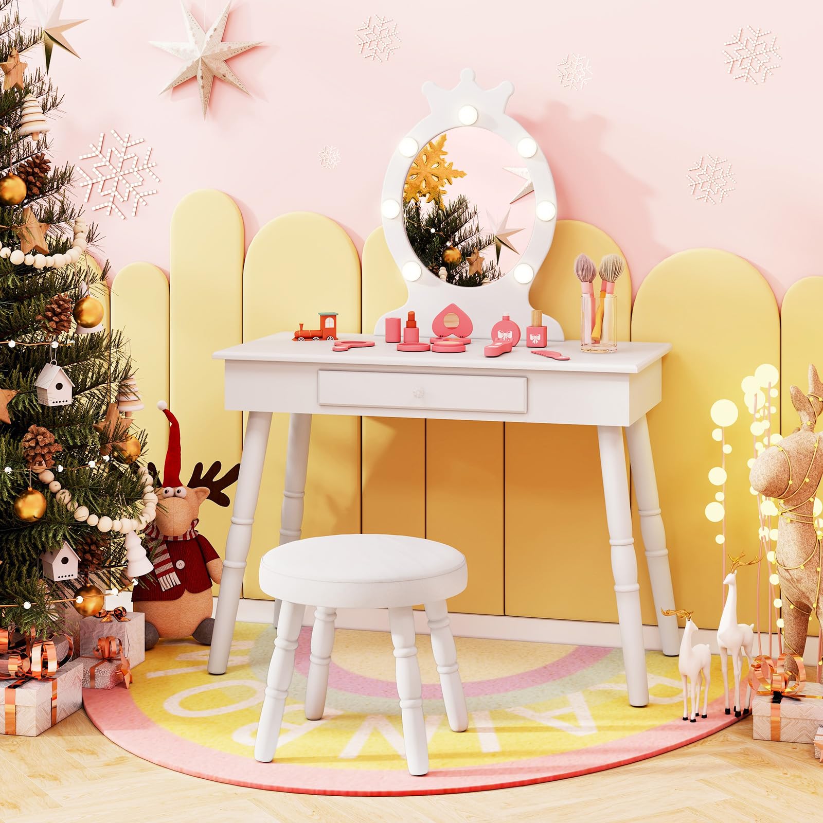 HONEY JOY Kids Vanity Set with LED Lights - Princess Wooden Makeup Table & Stool with Drawer, 3-Color Adjustable Lighting, Toddler Dressing Vanity for Girls Ages 3-8, Pretend Play Furniture for Bedroom & Playroom (White) - Perfect for Birthday Gifts & Role Play Activities
