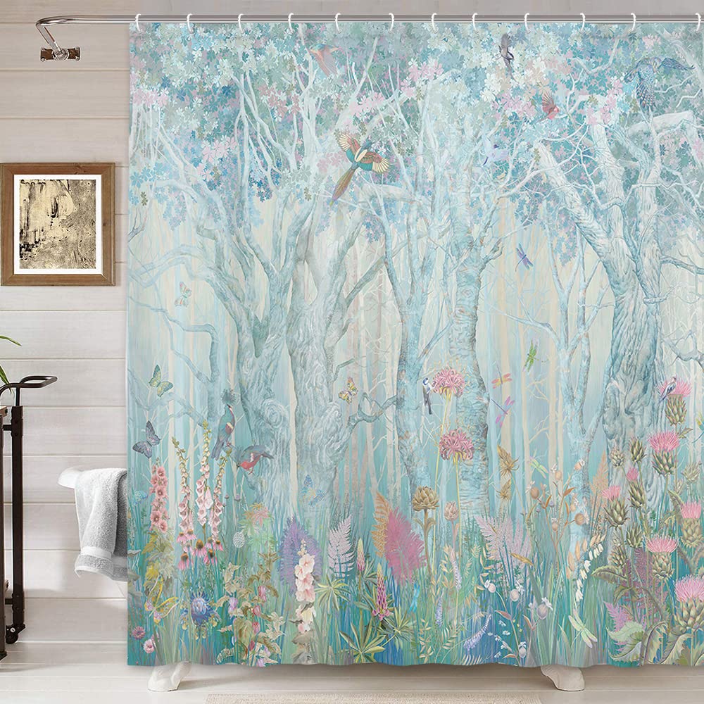 Enchanted Forest Shower Curtain - Vibrant Fairytale Woodland Jungle Design with Trees, Birds & Flowers | 69x75 Inch Waterproof Fabric Bathroom Decor for Christmas & Everyday Use | Includes Hooks for Easy Installation