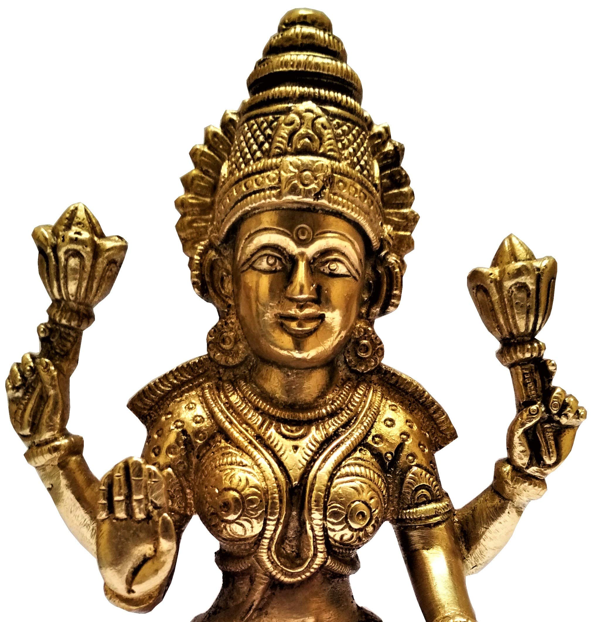 Purpledip Brass Lakshmi Statue - Hindu Goddess of Prosperity & Wealth - Handcrafted Collectible Idol for Home & Office Decor (11568) | Perfect for Puja Altars, Meditation Spaces & Gift Giving