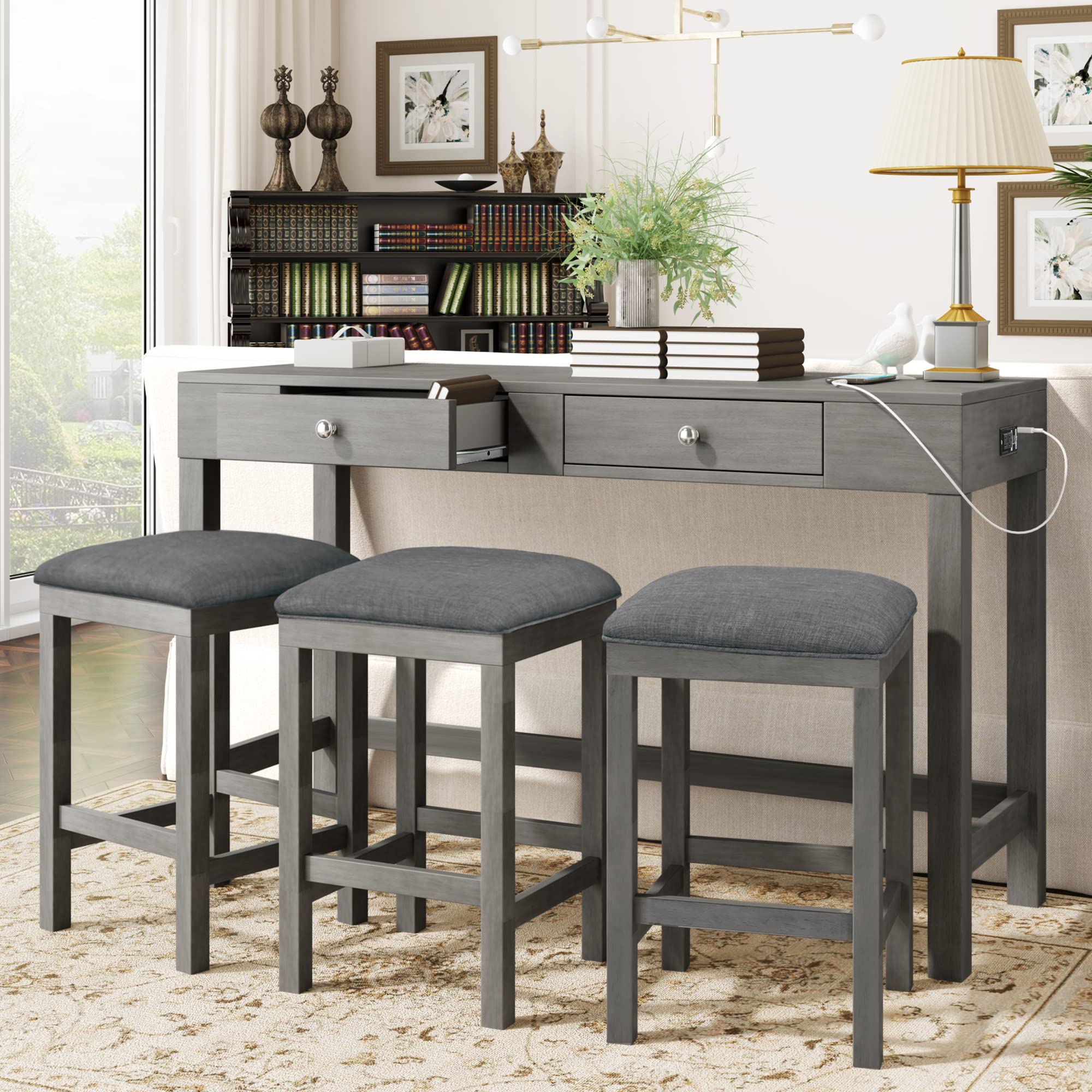 Merax 4-Piece Gray Dining Table Set with 3 Fabric Padded Stools, Built-in Socket, Perfect for Kitchen, Living Room, Party Room, and Small Spaces
