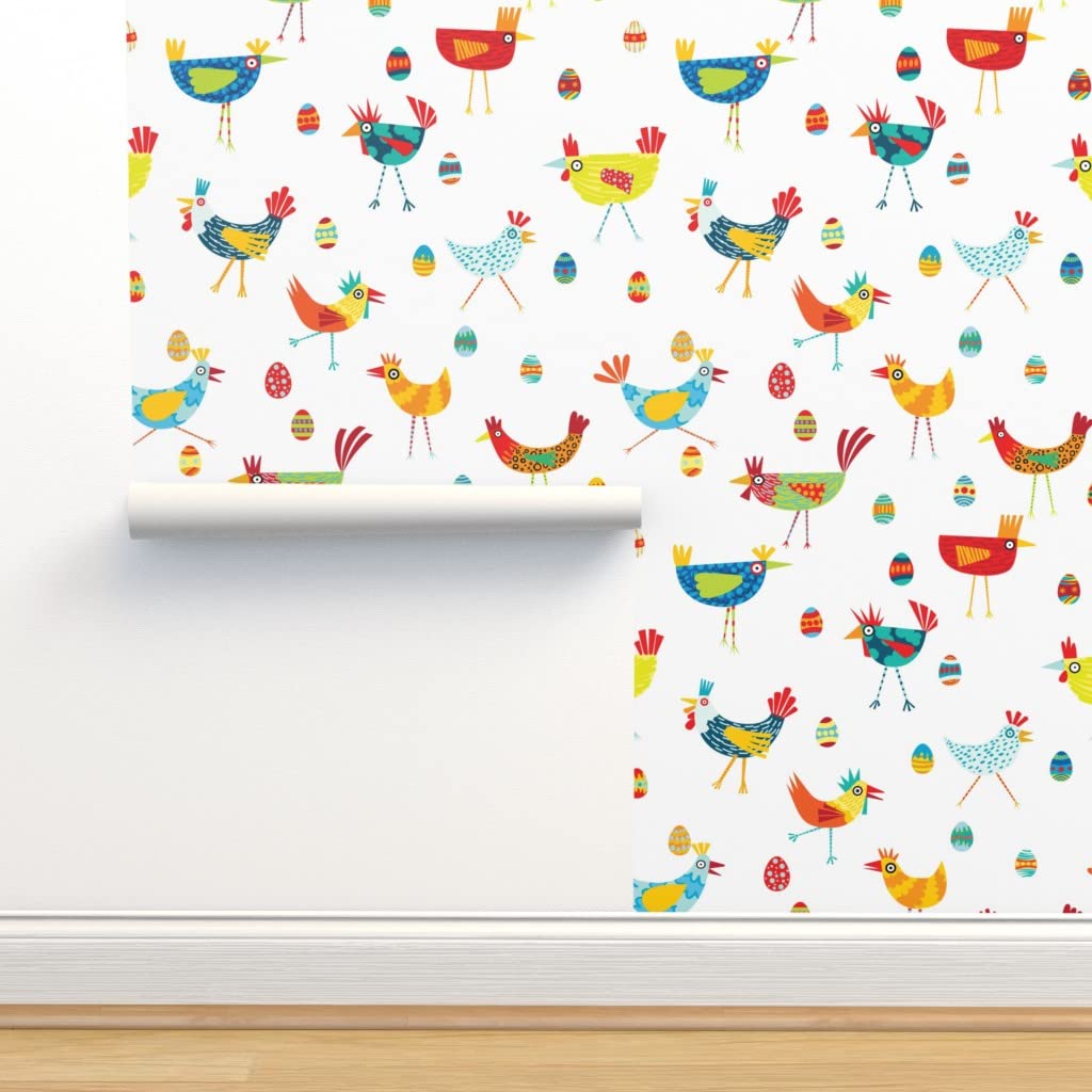 12ft x 2ft Removable Chicken Pattern Wallpaper - Colorful Rooster & Eggs Farmhouse Design, Self-Adhesive Peel & Stick Wall Decor for Kitchen, Nursery, or Bathroom | Spoonflower