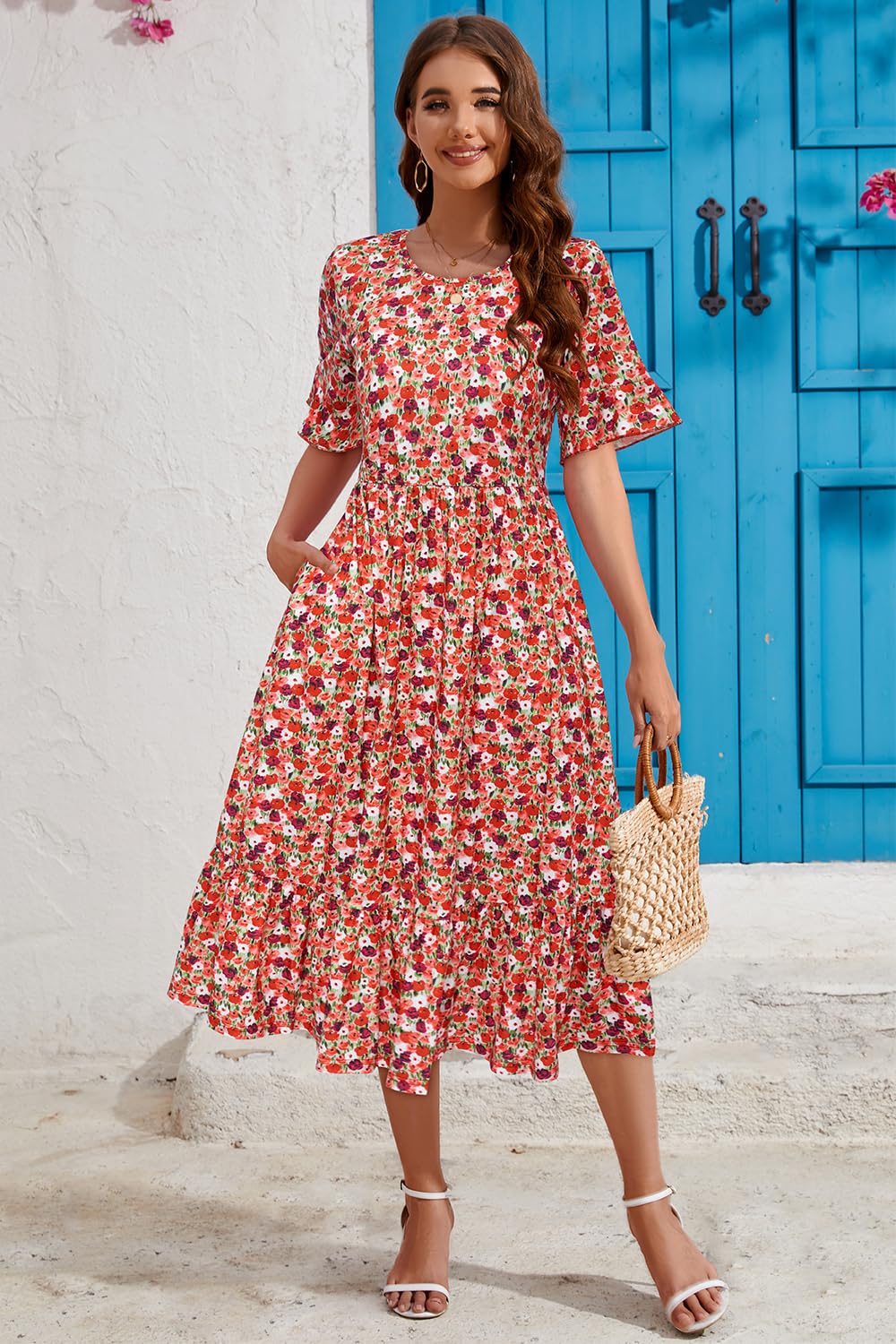 STYLEWORD Women's Summer 2025 Casual Short Sleeve Tiered Flowy Spring Dress - Long Midi Beach Sundress for Vacation, Party, and Outdoor Activities