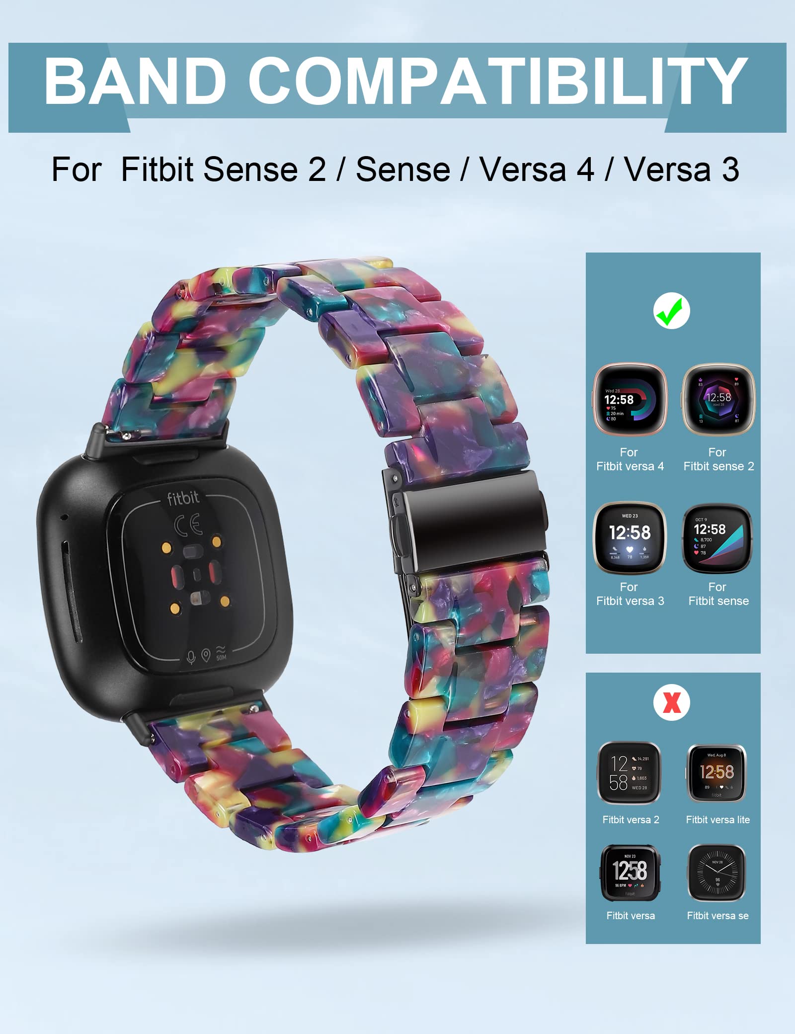 Premium Resin Replacement Band for Fitbit Sense/Sense 2/Versa 3/Versa 4 - Lightweight Comfortable Wrist Strap Accessories for Women & Men - Perfect for Workouts, Running & Everyday Wear