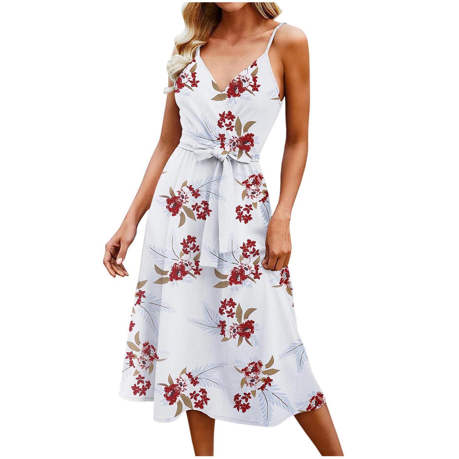 BOXIACEY Women's Sexy V-Neck Sleeveless Maxi Dress - Floral Sunflower Print White Summer Sundress for Beach, Vacation & Casual Wear