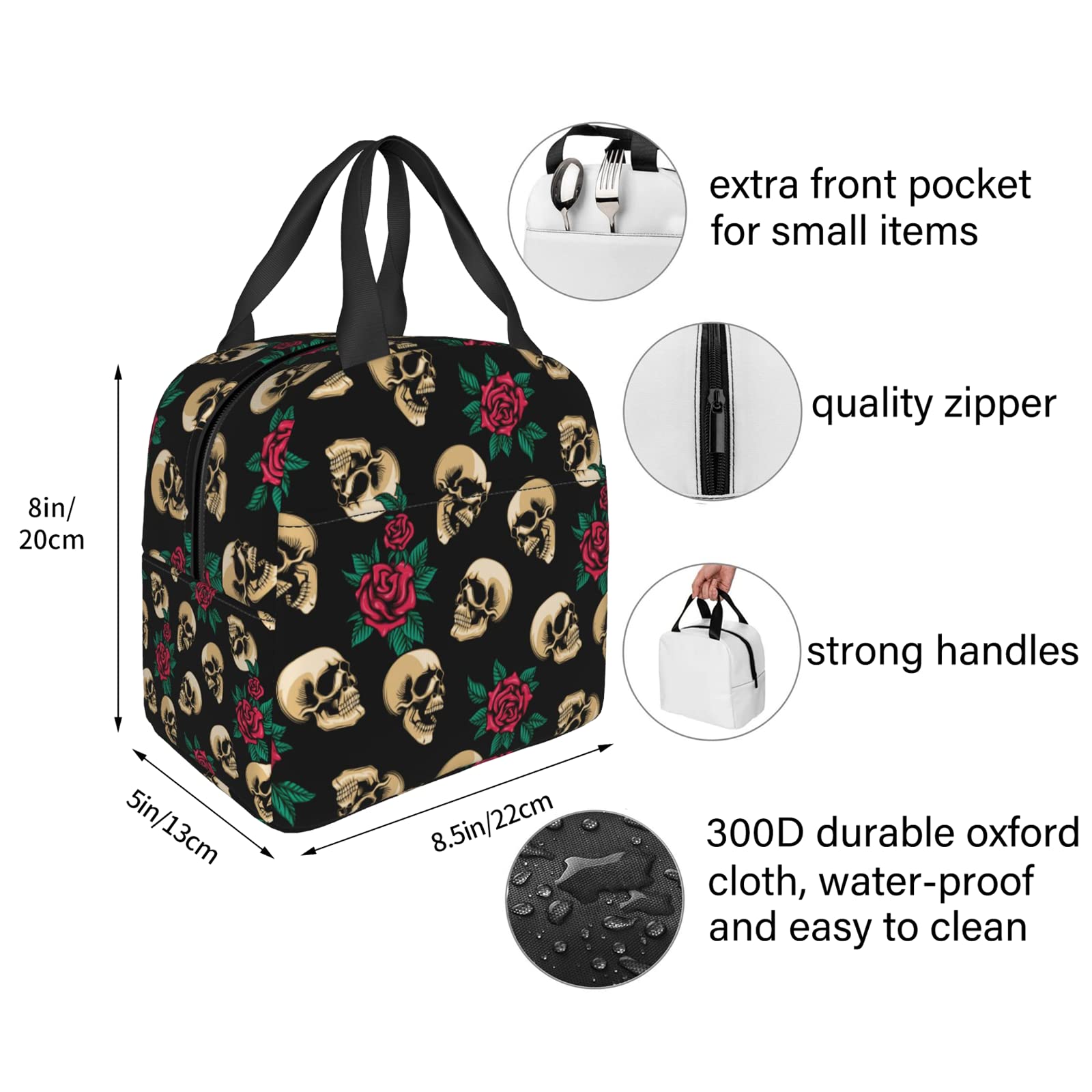Stylish Rose Flower Skull Insulated Lunch Bag for Women - Reusable Leakproof Lunch Box & Cooler Tote - Perfect for Work, Office, School & Picnics