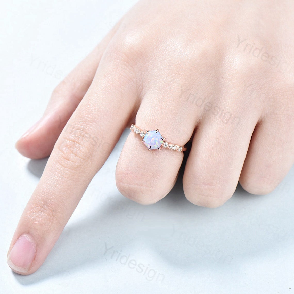 Hexagon Opal Ring - Dainty Vintage White Opal Engagement Ring, Art Deco 6-Prong Sterling Silver Simulated CZ Bridal Ring for Women, Promise Ring - Perfect for Weddings, Anniversaries & Special Occasions