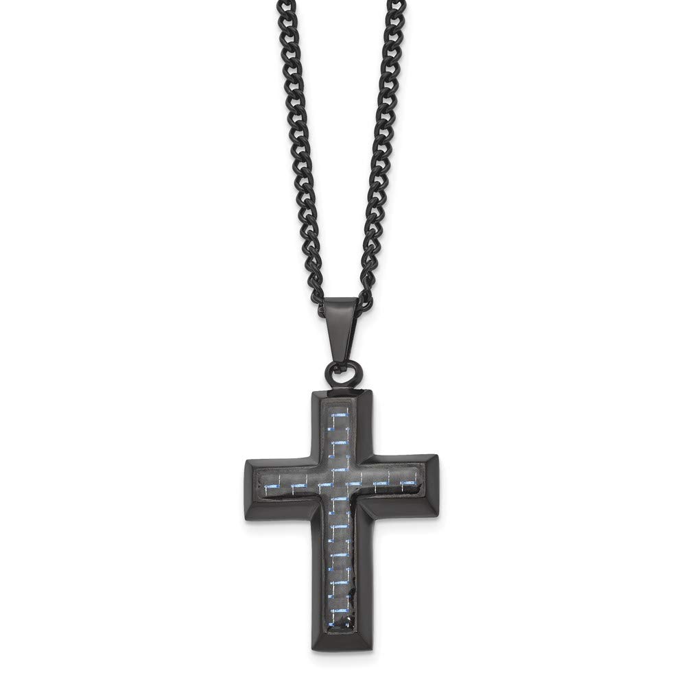 Black Bow Black Plated Stainless Steel Blue Carbon Fiber Cross Necklace - 24 Inch Religious Jewelry for Men & Women - Perfect for Church, Gifts, and Everyday Wear