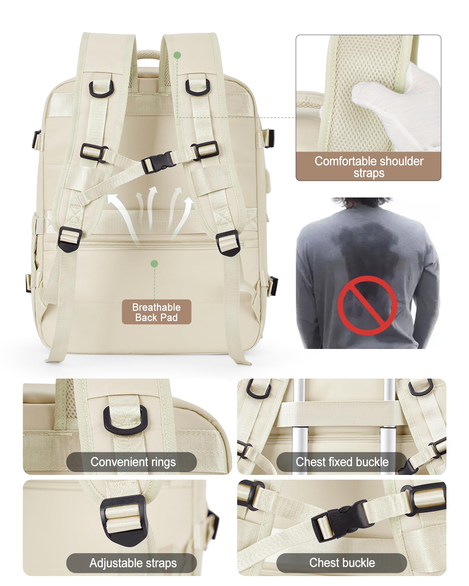 VGCUB Lightweight Travel Backpack for Women & Men - TSA Approved Carry-On Backpack, Water-Resistant Laptop Bag for College, Work & Daily Use - Perfect for Air Travel, Commuting & School (Beige)