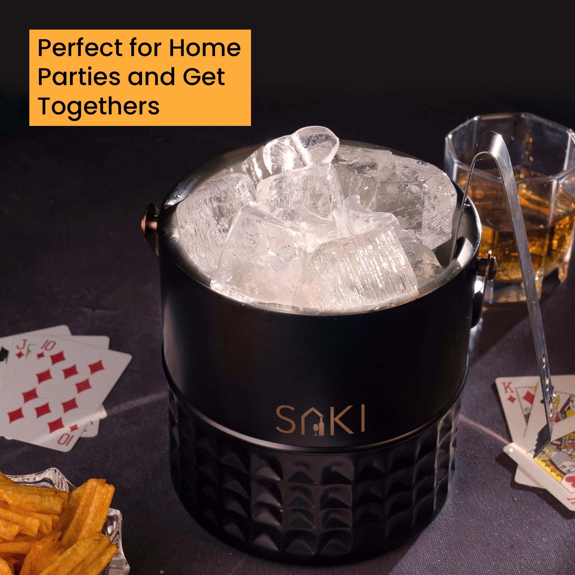 Premium Stainless Steel Ice Bucket with Tongs - 1500ml Square Hammer Design for Cocktails, Wine & Chilling Drinks | Bar & Home Use | Rustproof & Durable