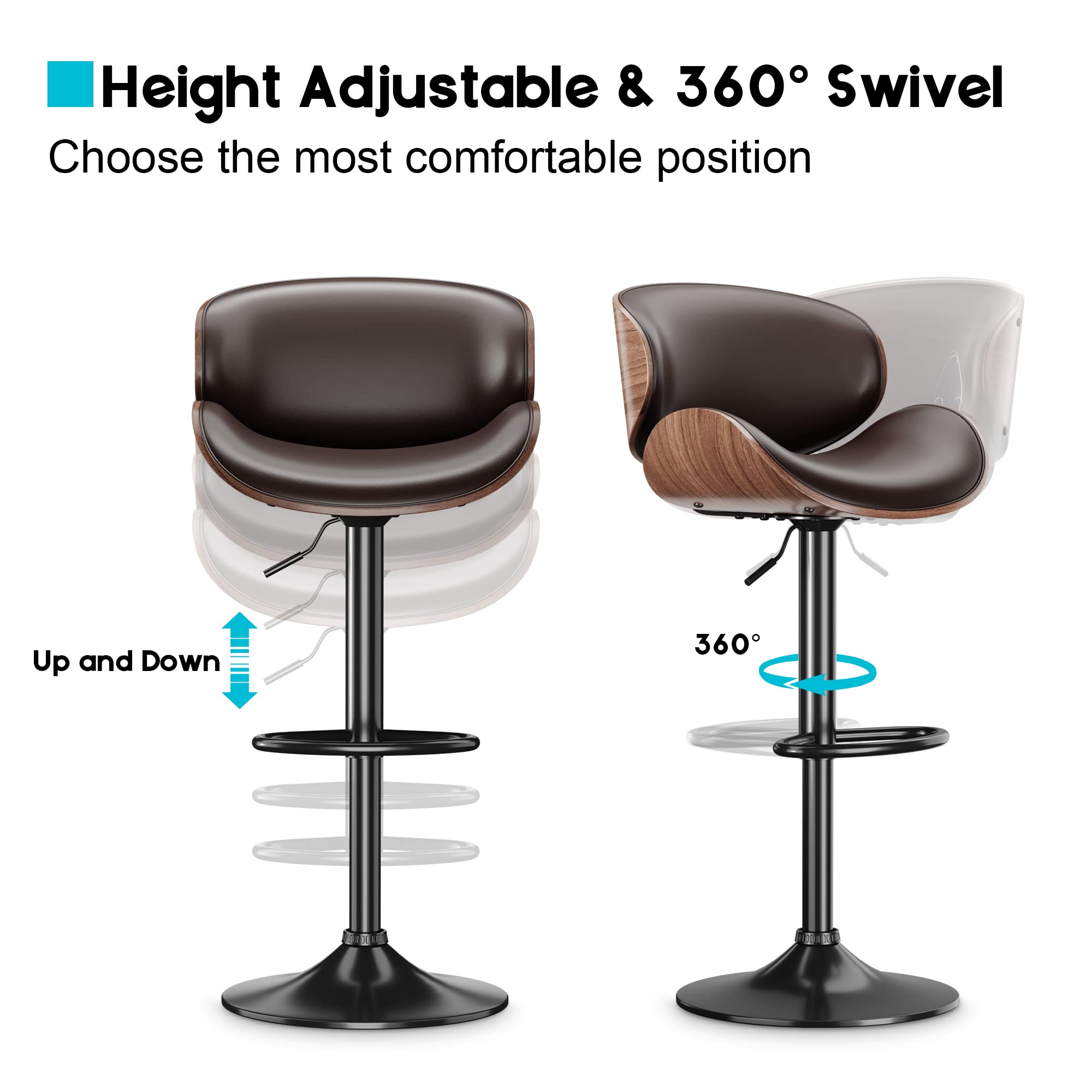 ONME Bar Stools Set of 2 - Adjustable Height Swivel Bar Stools with PU Leather Upholstery, Back Support & Footrest - Modern Bentwood Counter Stools for Kitchen Island, Home Bar & Dining Room - Perfect for Entertaining & Casual Dining (Brown)