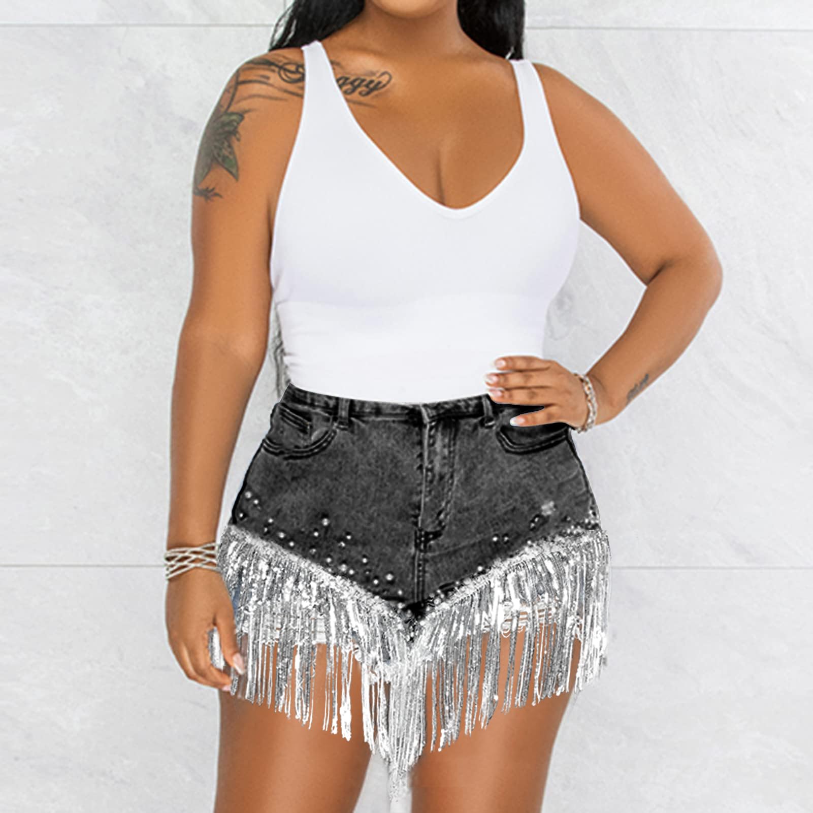 CYLADY Women's High Waisted Ripped Denim Shorts with Frayed Raw Hem & Tassels - Trendy Distressed Jean Shorts for Summer Outfits, Beach Vacations and Casual Street Style