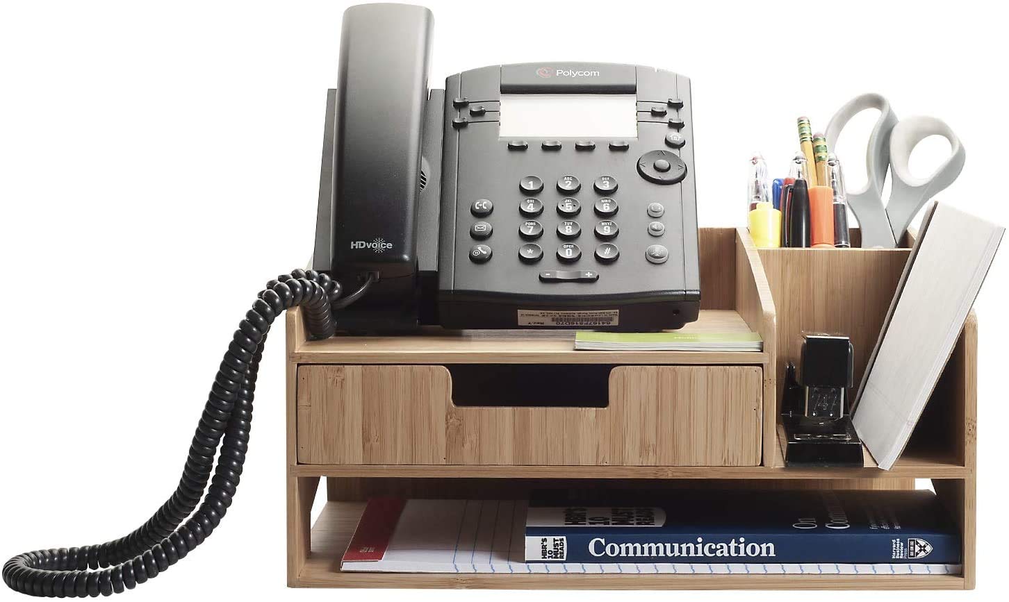 MobileVision Bamboo Phone Stand with Drawer, Paper Tray & Pen Holder - Office Organizer for Pens, Scissors, Staplers, Notepads & Business Cards | Perfect Desk Accessory for Home & Office Workspace