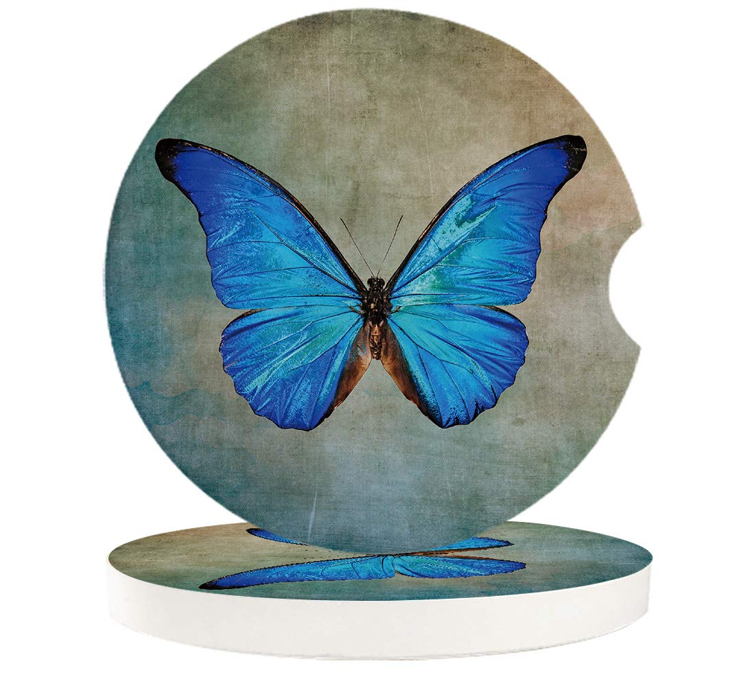 Stylish Ceramic Car Coasters 4-Pack - Absorbent Cup Holder Coasters for Women & Men, Vintage Butterfly Design - Perfect for Car, Office, Kitchen & Home Decor (Blue, Teal, Green)