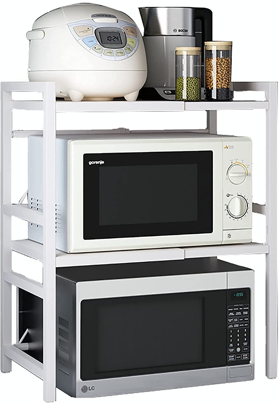 3-Tier Expandable Metal Microwave Oven Rack Shelf - Space Saving Kitchen Counter Organizer for Microwave, Printer Stand & Countertop Storage - Perfect for Small Kitchens, Dorms & Office Spaces
