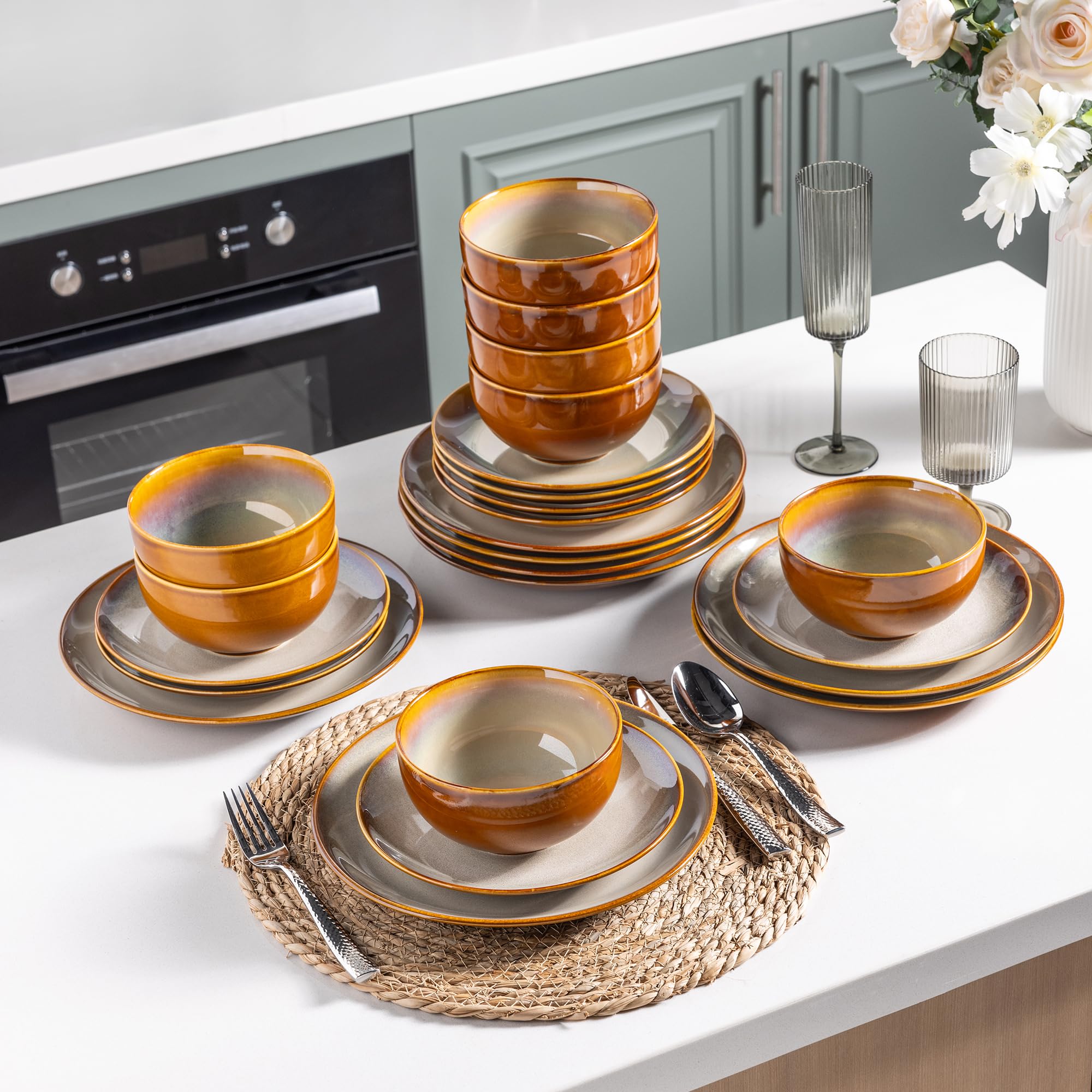 LERATIO 24-Piece Ceramic Dinnerware Set for 8, Stoneware Plates & Bowls with Handmade Reactive Glaze - Chip & Scratch Resistant, Oven, Dishwasher & Microwave Safe - Khaki | Perfect for Family Dinners, Entertaining Guests & Everyday Use