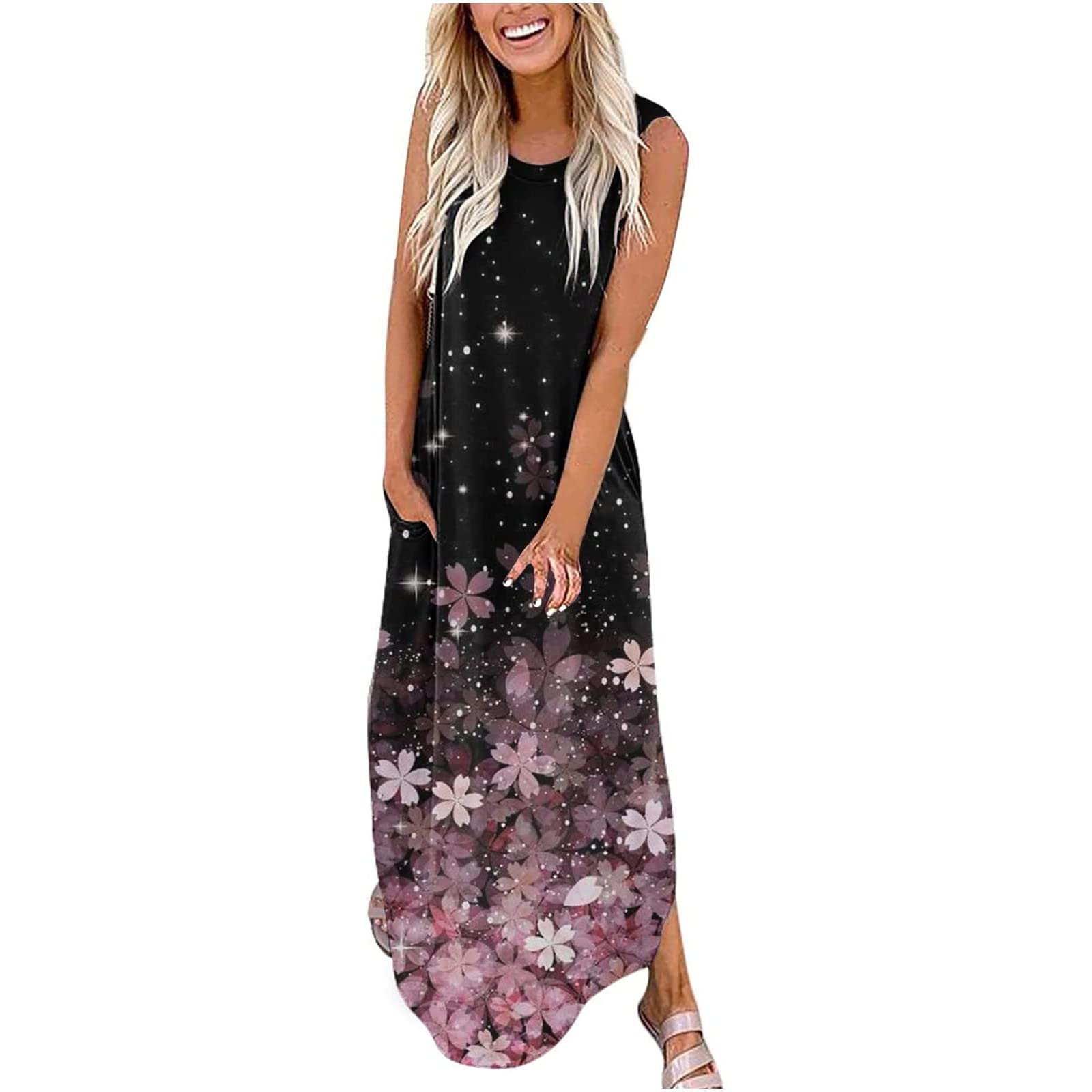 Women's Summer Dresses - Casual Sleeveless Round Neck Flowy Cotton Midi Dress with Swing Hem | Perfect for Beach Vacations, Garden Parties & Summer Outings