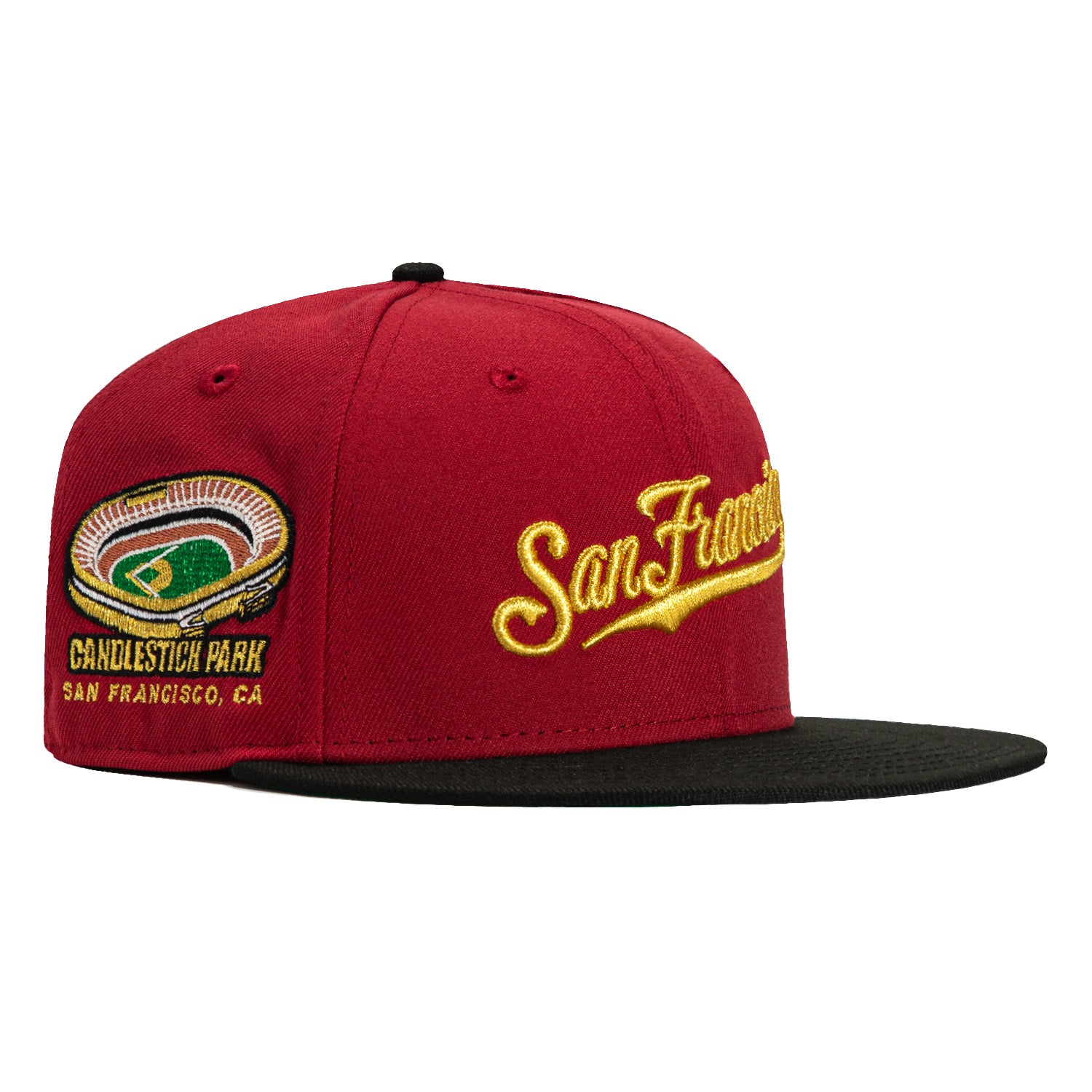 New Era 59Fifty San Francisco Giants Candlestick Park Patch Script Hat - Cardinal, Black & Metallic Gold - Official MLB Baseball Cap for Fans & Collectors - Perfect for Games, Tailgating & Streetwear Fashion