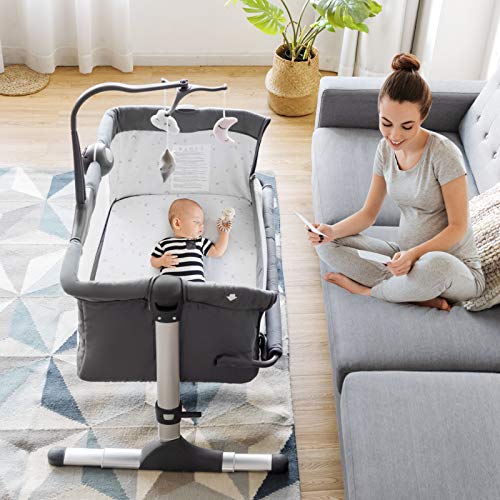 **BABY JOY Adjustable Baby Bassinet - Portable Crib with Music, Toy Rack, Mattress & Breathable Mesh - Side Sleeper for Newborns & Infants - Easy Fold & Carry (Dark Grey) - Perfect for Nursery, Bedroom & Travel**