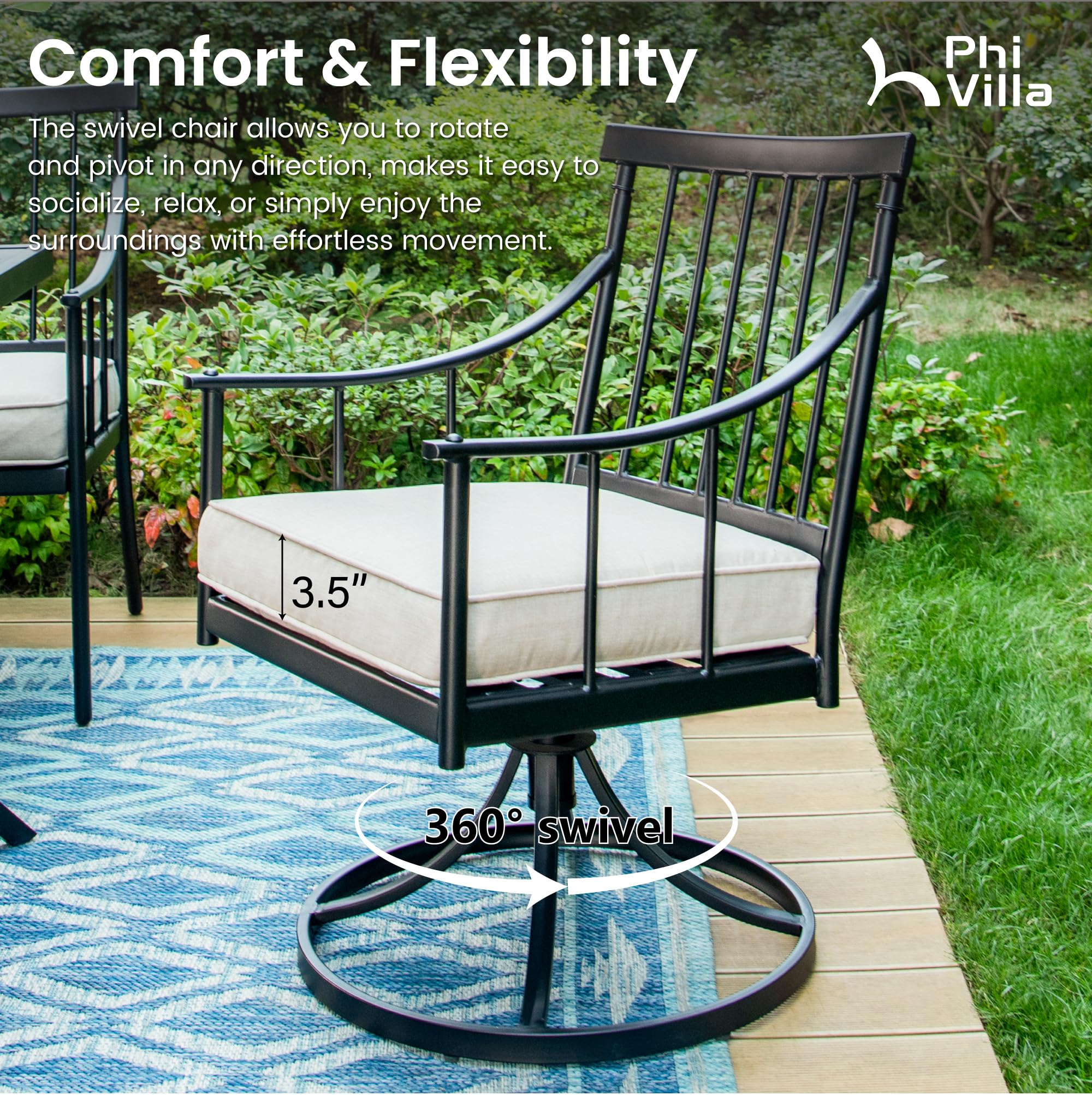 PHI VILLA 2-Piece Swivel Rocking Chair Set with Cushions - Outdoor Patio Dining Chairs for Garden, Backyard, Bistro & Balcony - Beige Weather-Resistant Rocking Furniture for Relaxing & Entertaining