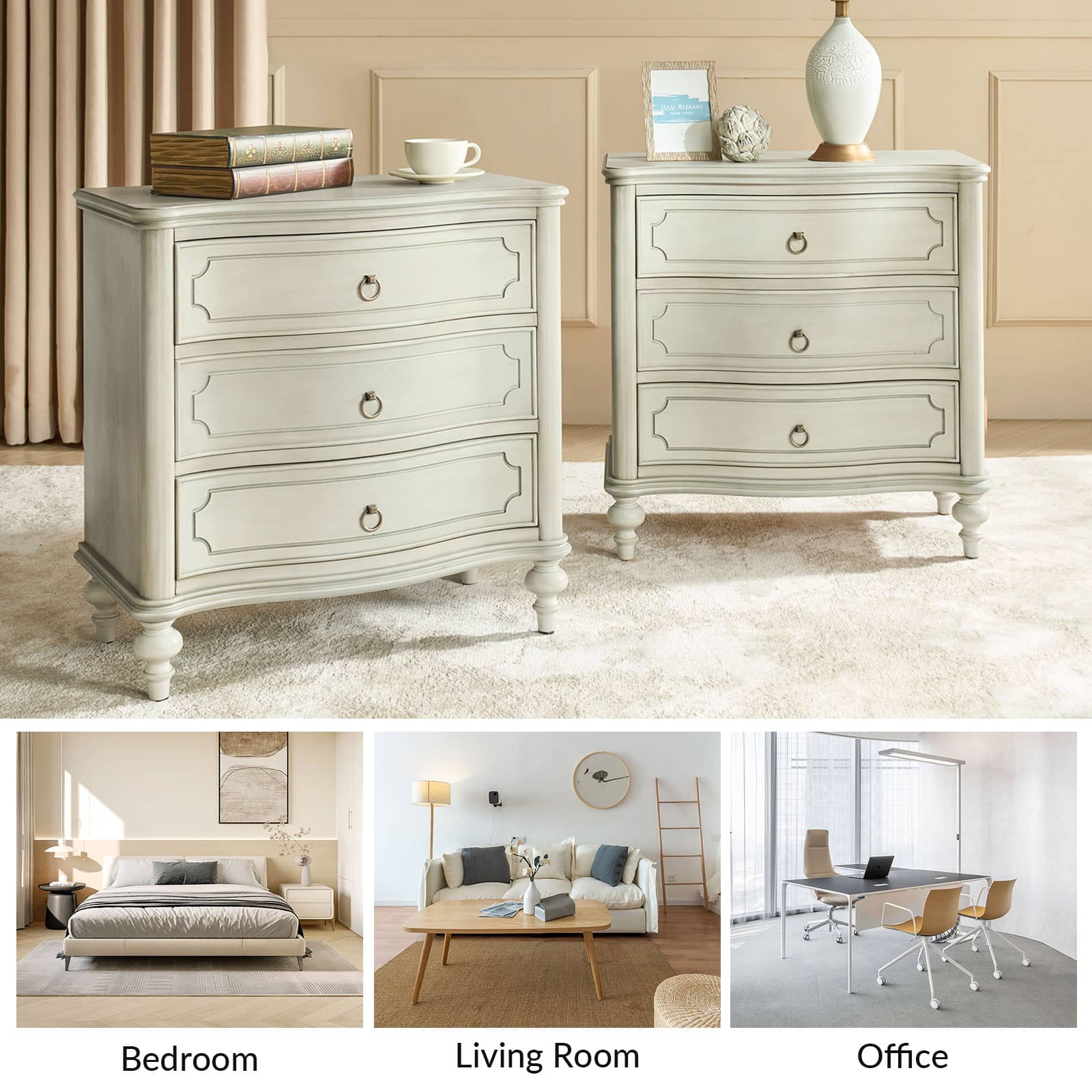 Bernhard 3 Drawer Traditional Nightstand with USB Outlets - Solid Wood Bedside Table for Bedroom, Living Room & Office - Charging Station & Storage Cabinet