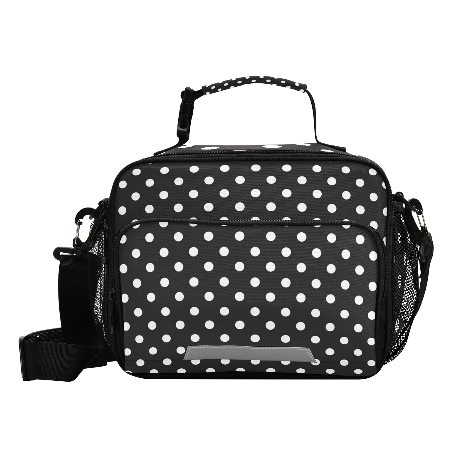 Xigua Insulated Lunch Bag with Detachable Shoulder Strap - Black & White Polka Dot Cooler Tote for School, Office, Picnic & Travel | Leakproof Food Container for Students, Men & Women