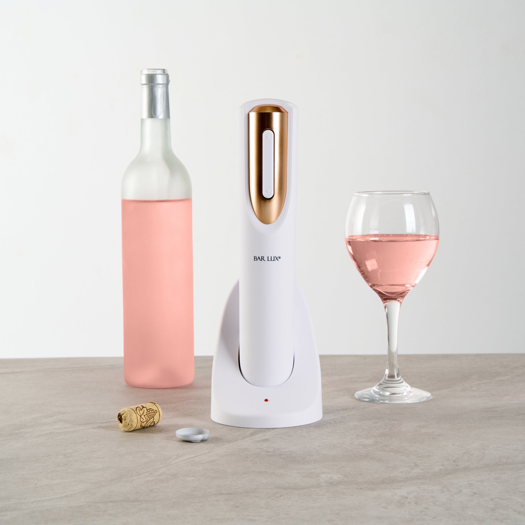 Premium White & Rose Gold Electric Wine Opener with Rechargeable Base & Foil Cutter - 1 Count - Perfect for Dinner Parties, Weddings & Home Entertaining
